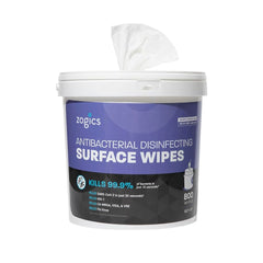 Zogics Antibacterial Wipes packaging close-up for fast surface disinfection.