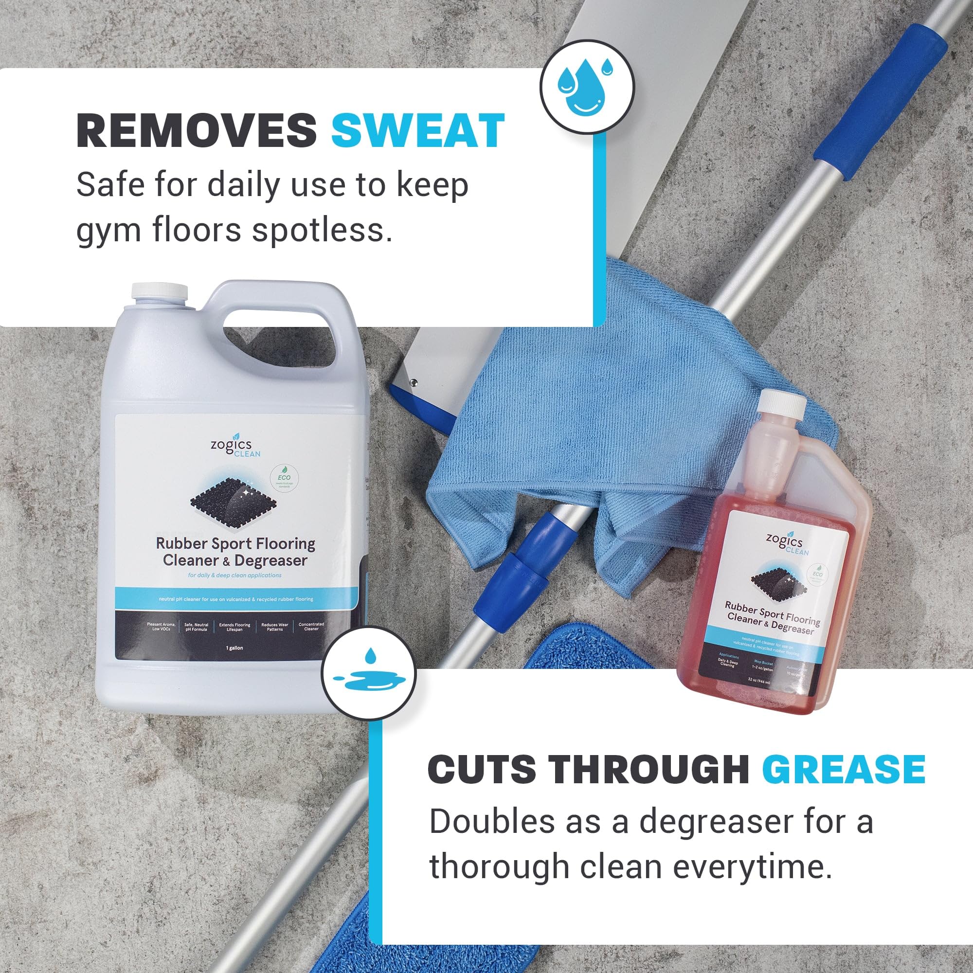 Zogics rubber floor cleaner degreaser foaming action on gym mats for grease removal