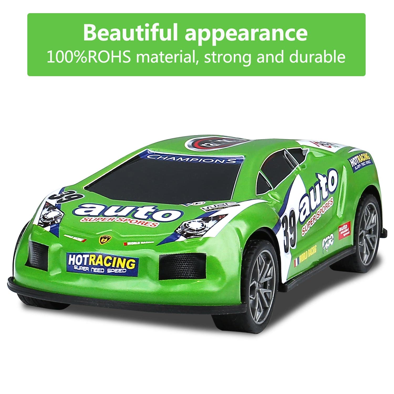 ZOHANINDL green friction car, side view, two-way power for cooperative play.