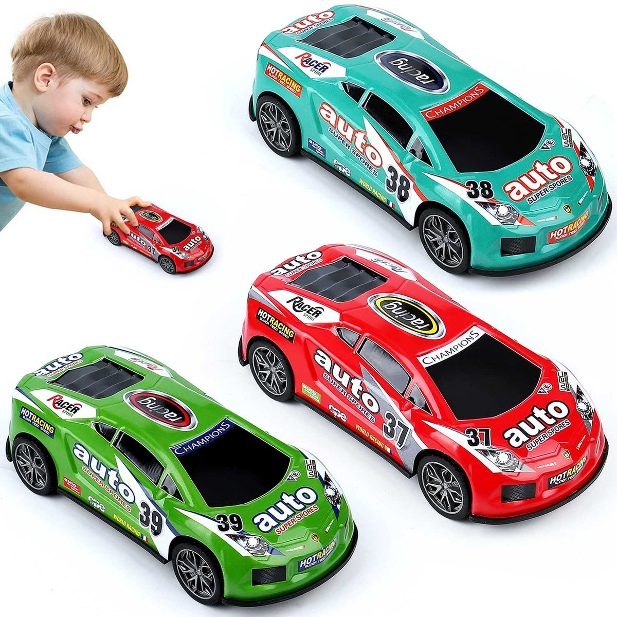 ZOHANINDL 7-inch red friction car, top view, showcasing bold styling and push-and-go action.