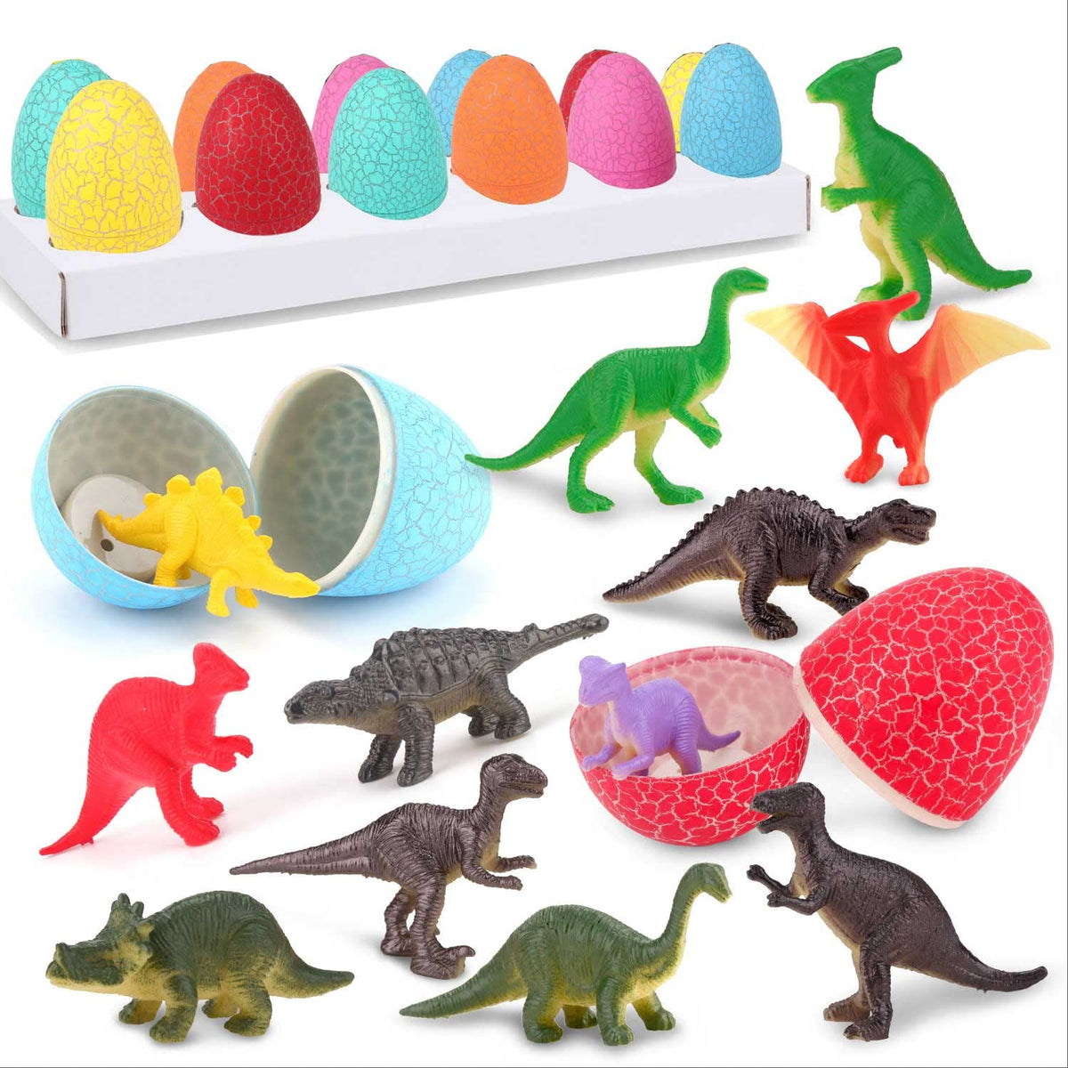 ZOHANINDL dinosaur eggs pack with 12 colorful shells for Easter basket filler.