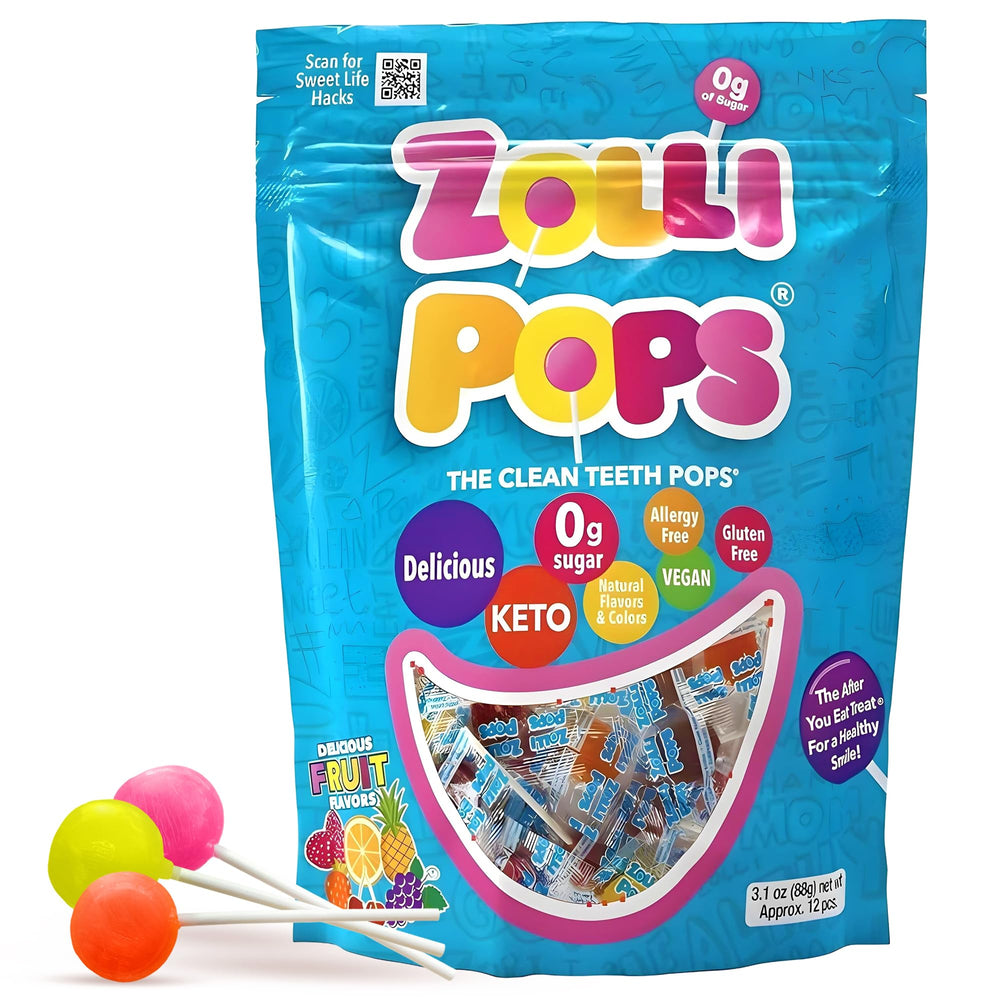 Zollipops clean teeth lollipops packaging shows a sugar-free, kid-friendly candy option.