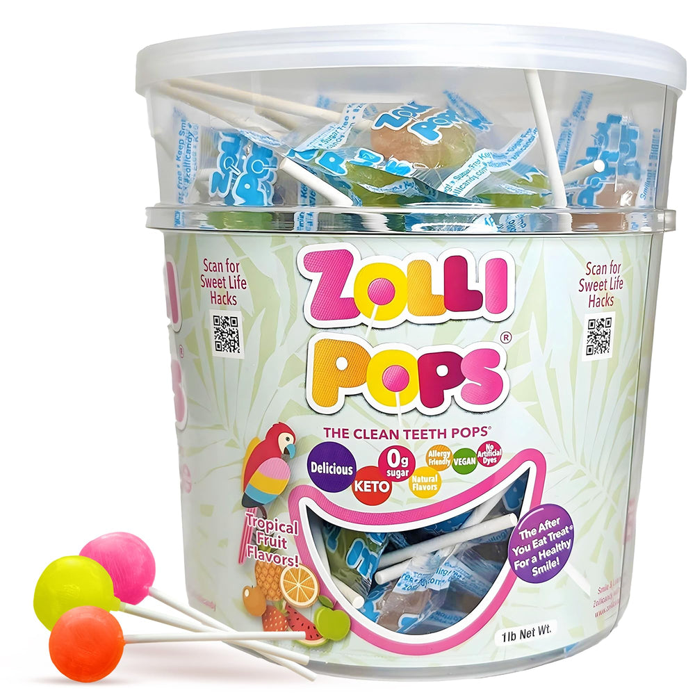 Zollipops clean teeth lollipops tropical pack shown as post meal treat with mouth friendly sugar free formula