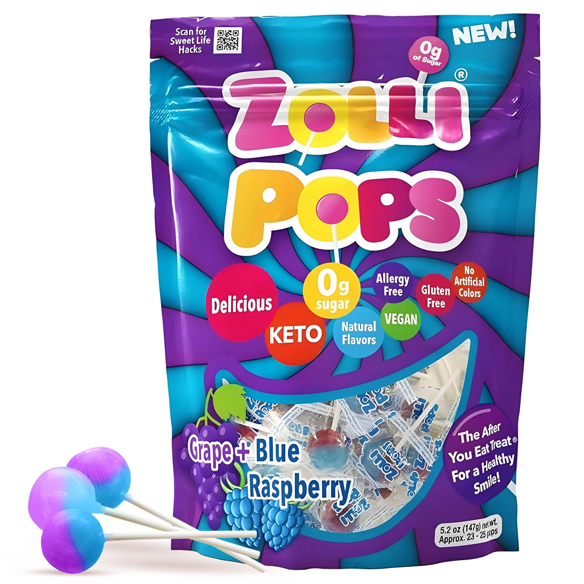 Zollipops Clean Teeth Pops blue raspberry image showing post-meal freshness