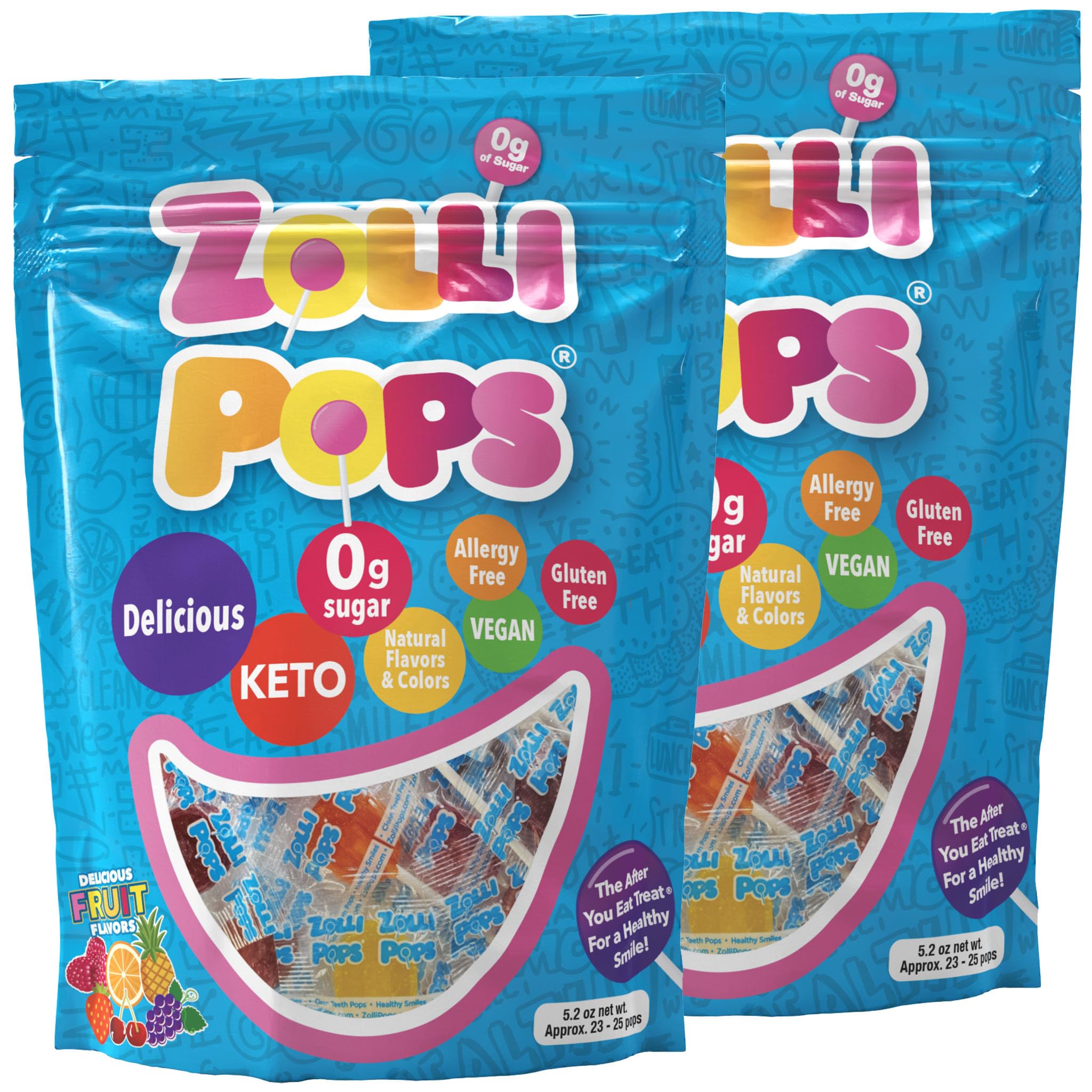 Zollipops Clean Teeth Pops two-pack shown on a white surface, sugar-free and dentist-approved.