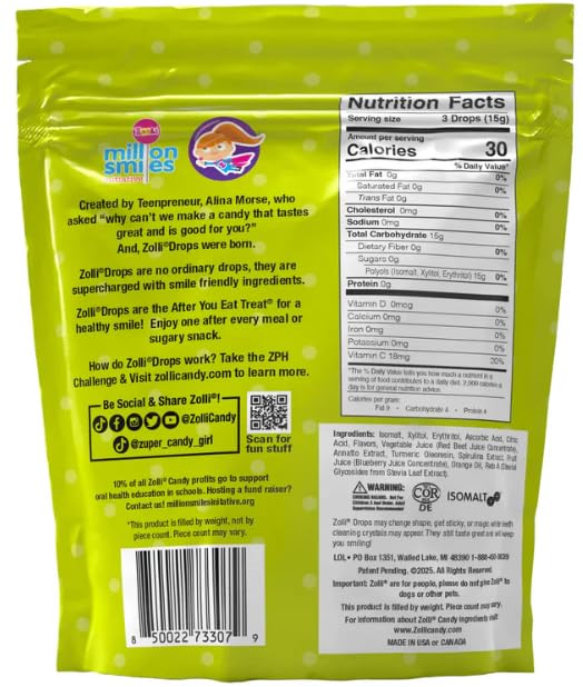Closeup of Zollipops Sour Drops bag showing dye-free, natural flavors.