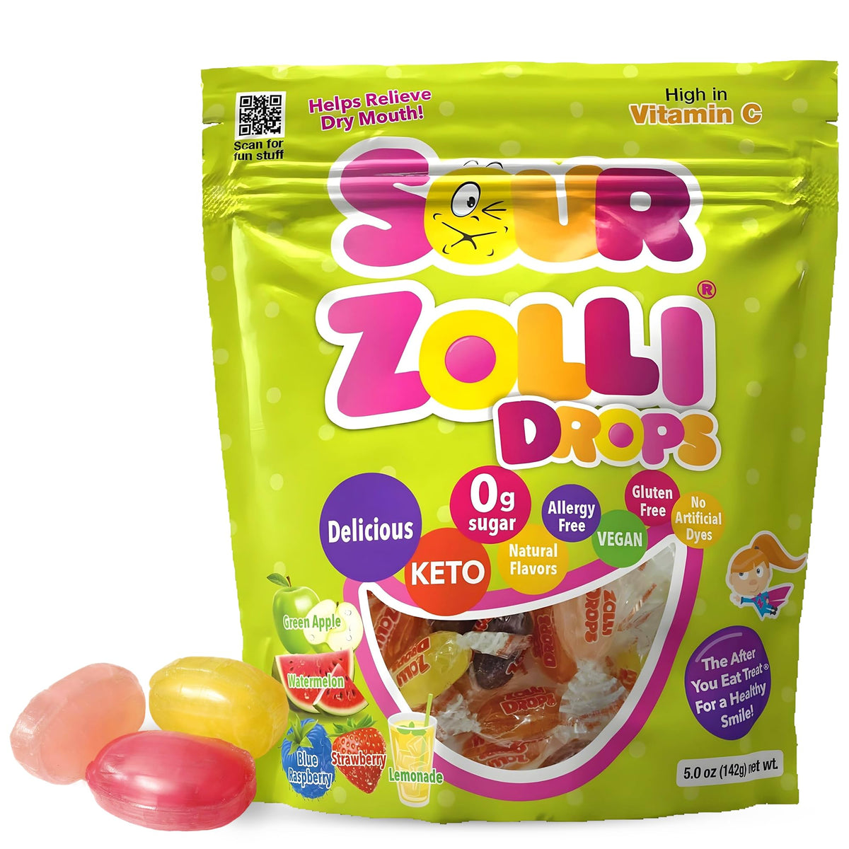 Zollipops Sour Drops packaging highlights dye-free, keto-friendly candy option for families.