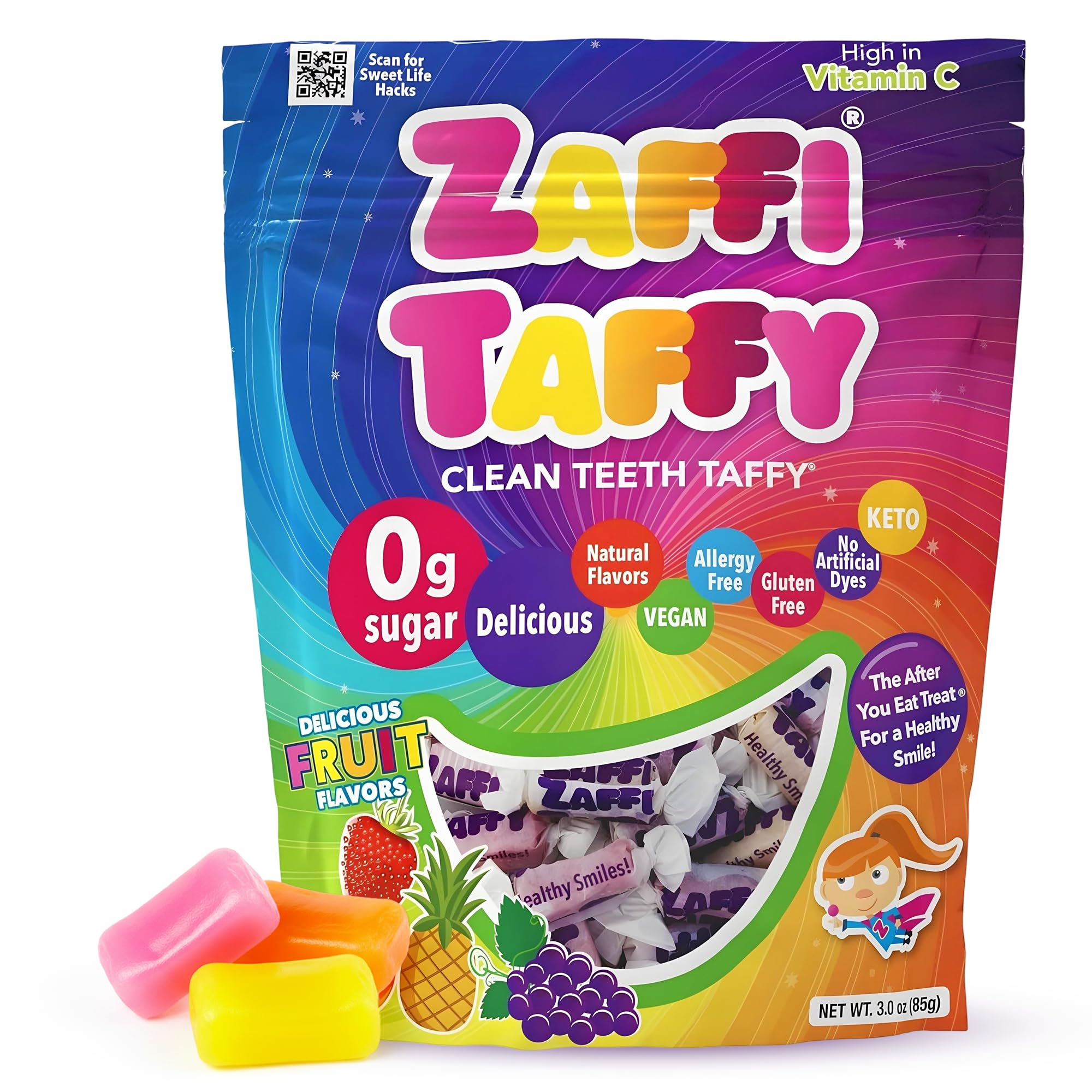 Zaffi Taffy packaging highlights dye-free sugar-free candy ideal for kids' dental-friendly snacking.