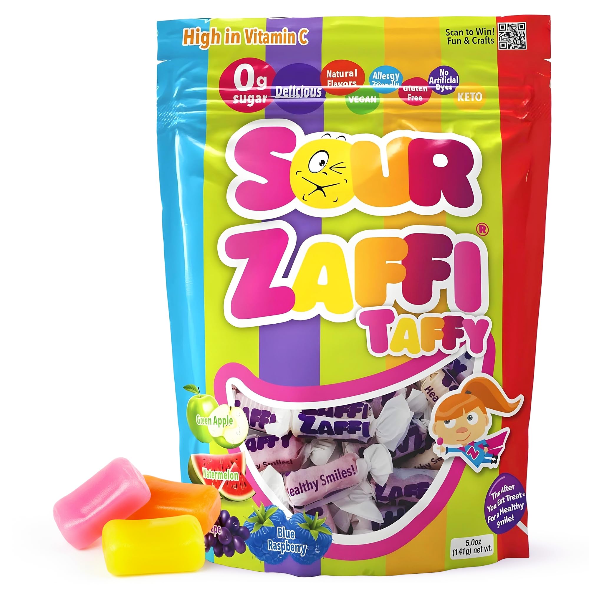Zollipops Zaffi Taffy Sour bag front showing assorted flavors for after meals
