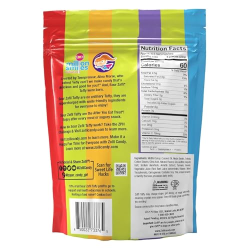 Close-up of Zollipops Zaffi Taffy Sour bag highlighting sugar-free fruity notes