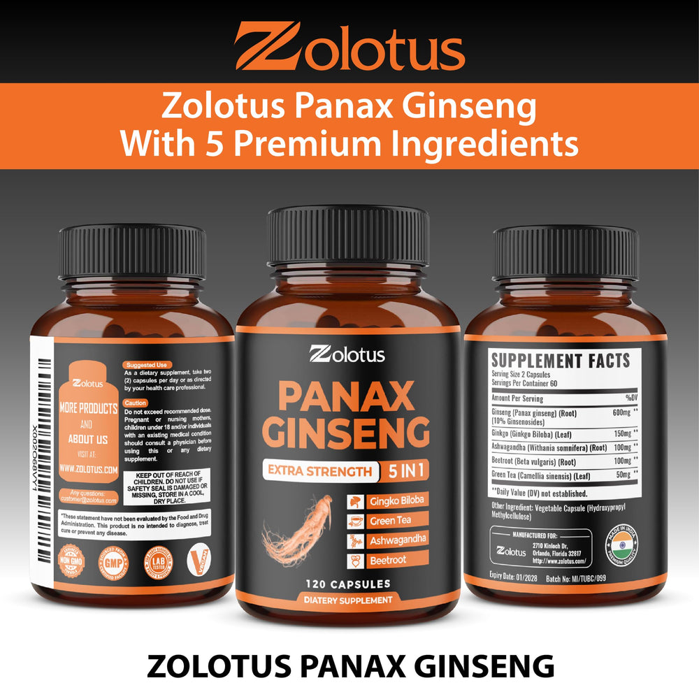 Zolotus ingredient blend graphic with ginseng, ginkgo, ashwagandha, beetroot and green tea
