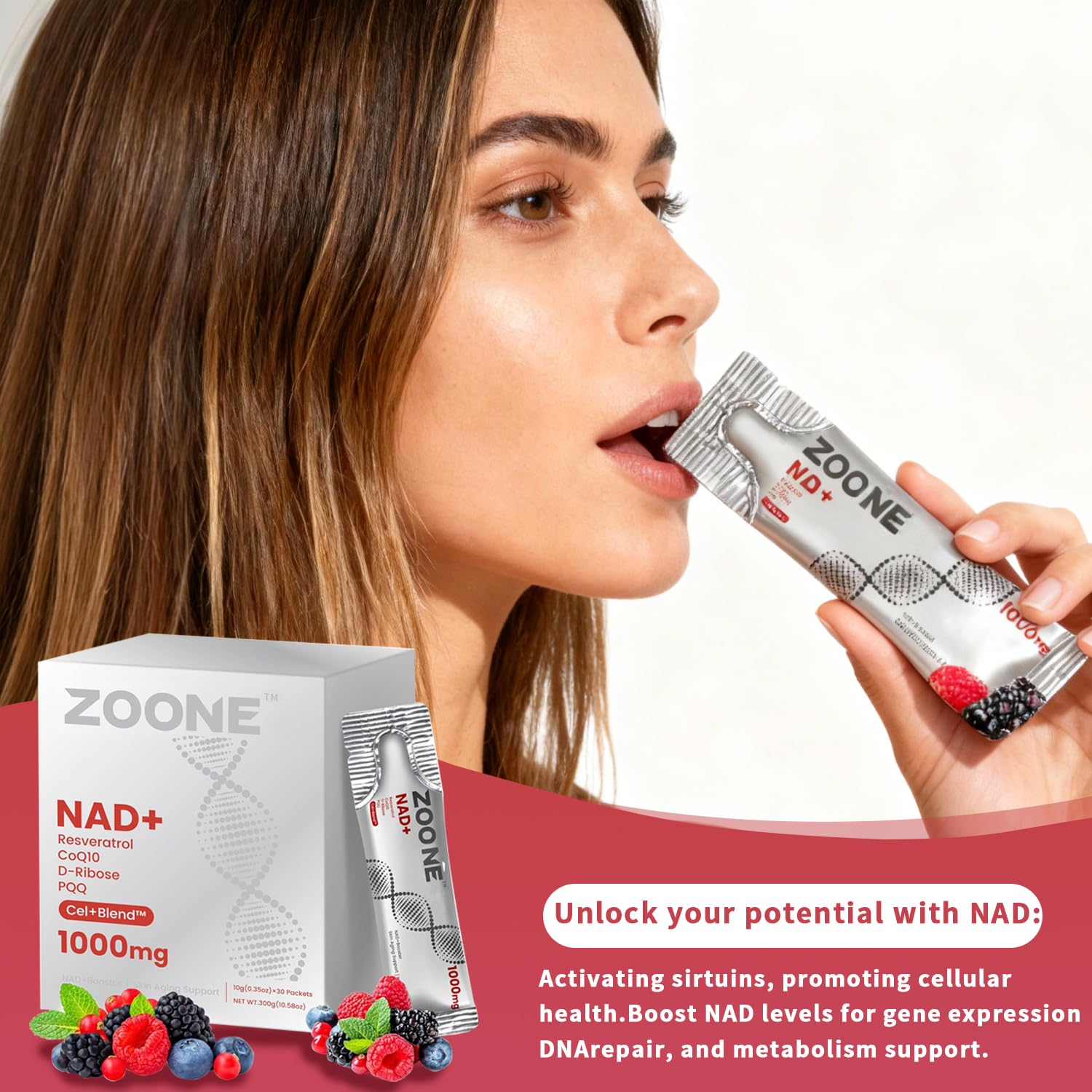 Zoone NAD Resveratrol packaging shot emphasizes travel-friendly 30-packs.