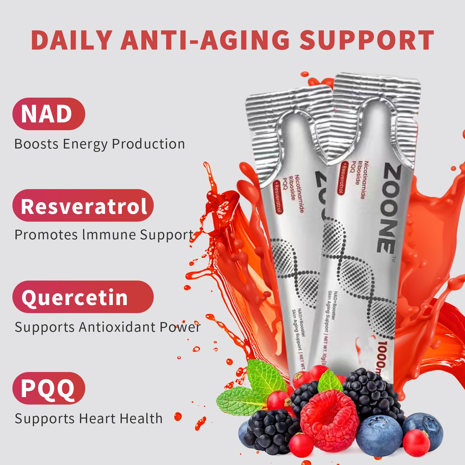 Zoone NAD Resveratrol supplement dropper illustrates easy liquid dosing.