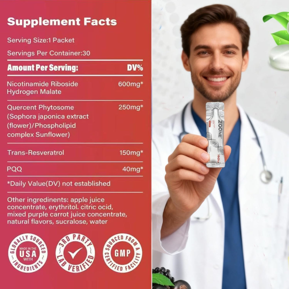 Zoone NAD Resveratrol label close-up highlights key ingredients and potency.