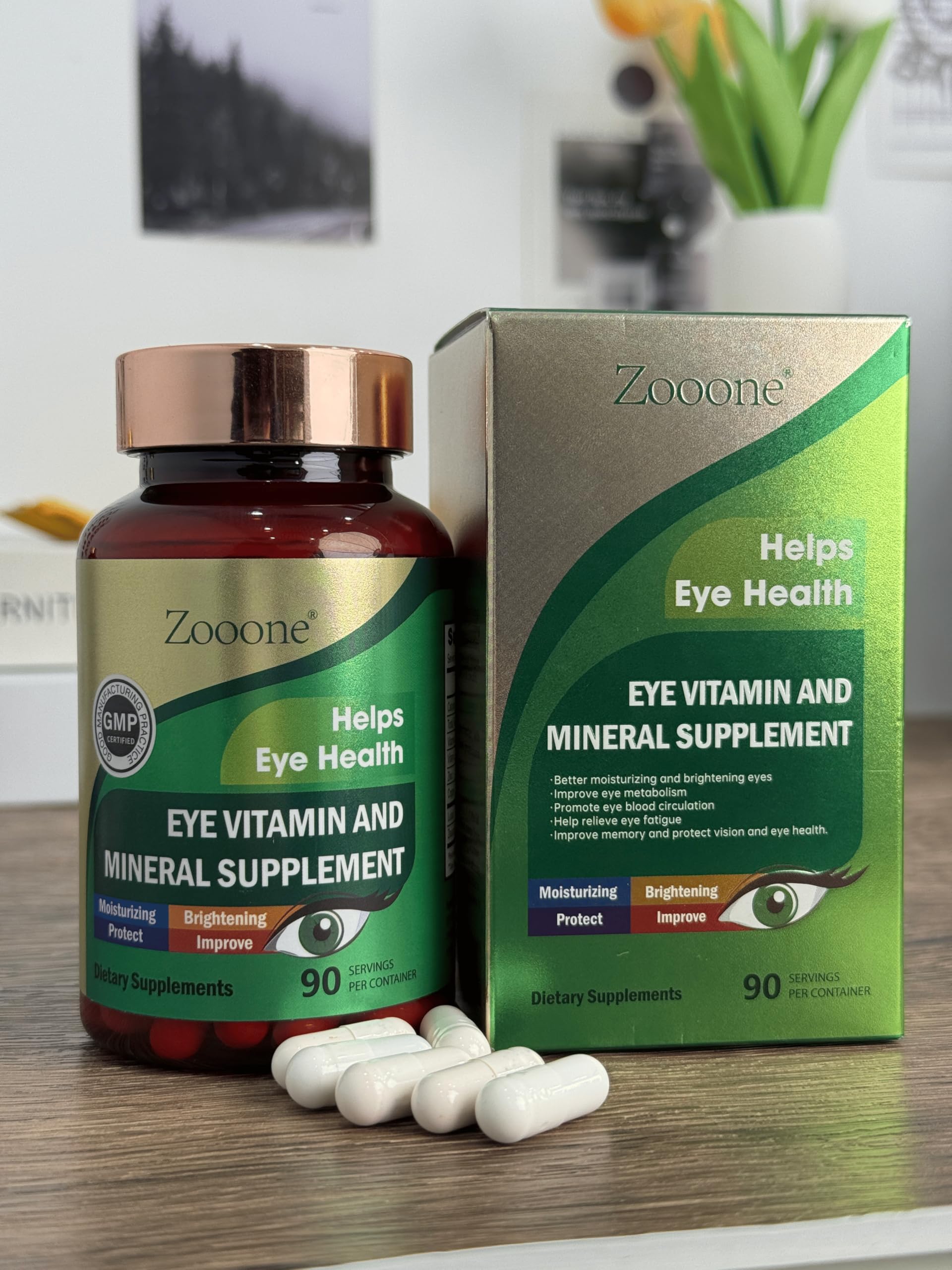 zooone bottle alongside reading glasses for everyday vision support