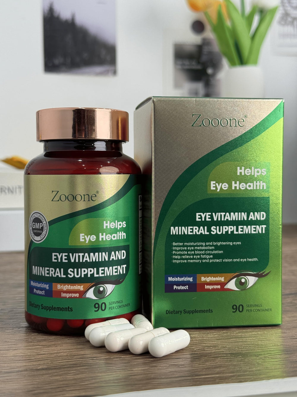 zooone bottle alongside reading glasses for everyday vision support