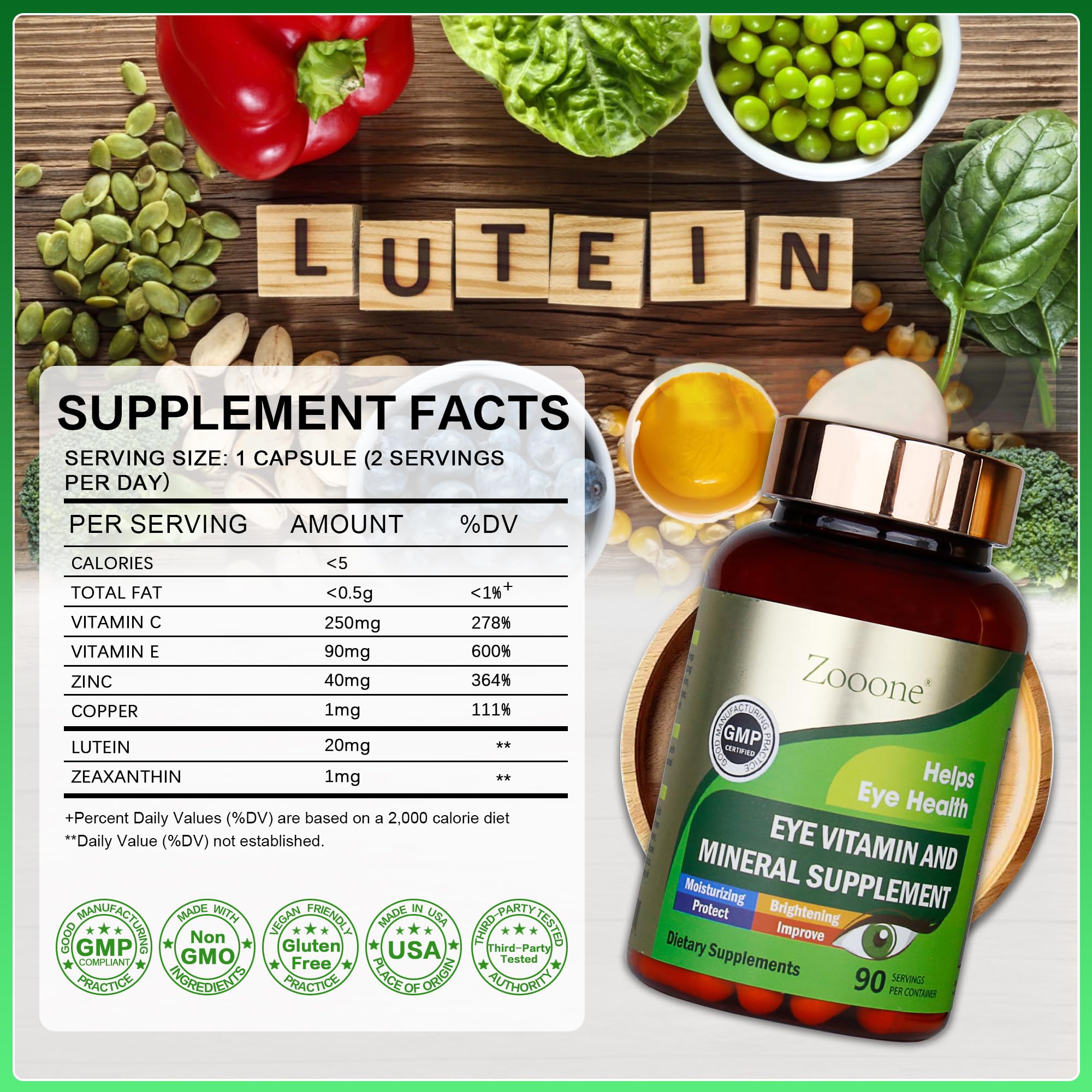 zooone label close-up highlighting lutein and zeaxanthin for eye health