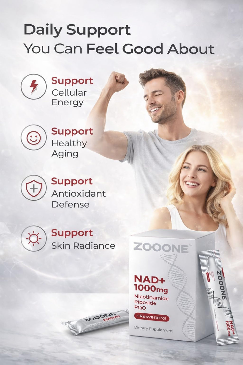 Zooone NAD+ for men and women illustration shows broad daily use.