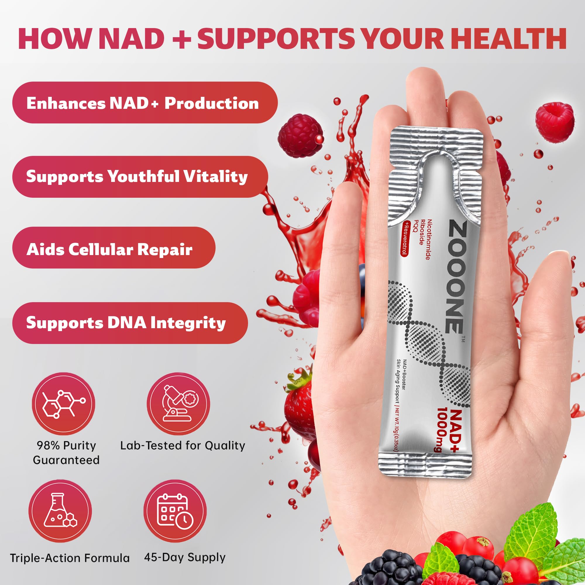 Zooone NAD+ ingredients closeup spotlights NR and resveratrol for potential cellular support.