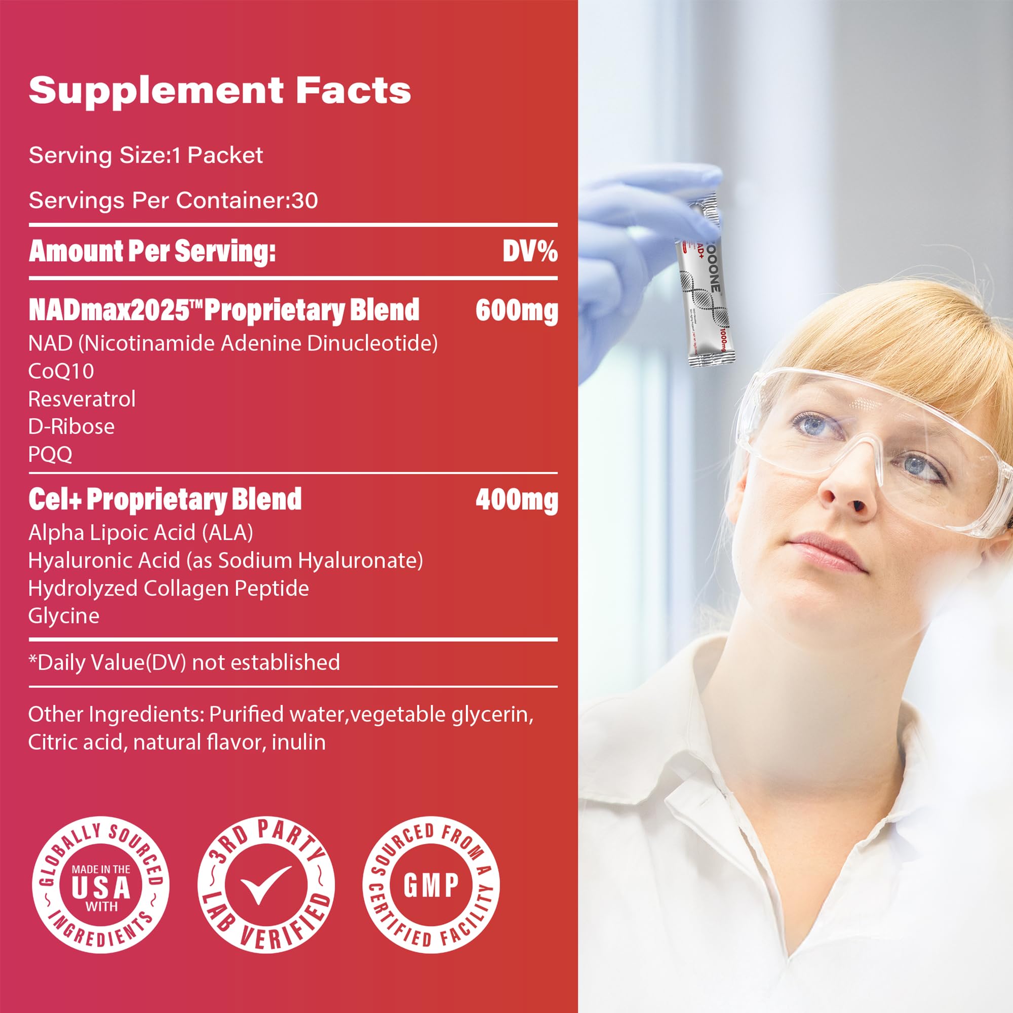 Zooone NAD+ product closeup featuring quercetin phytosome and PQQ in the blend.