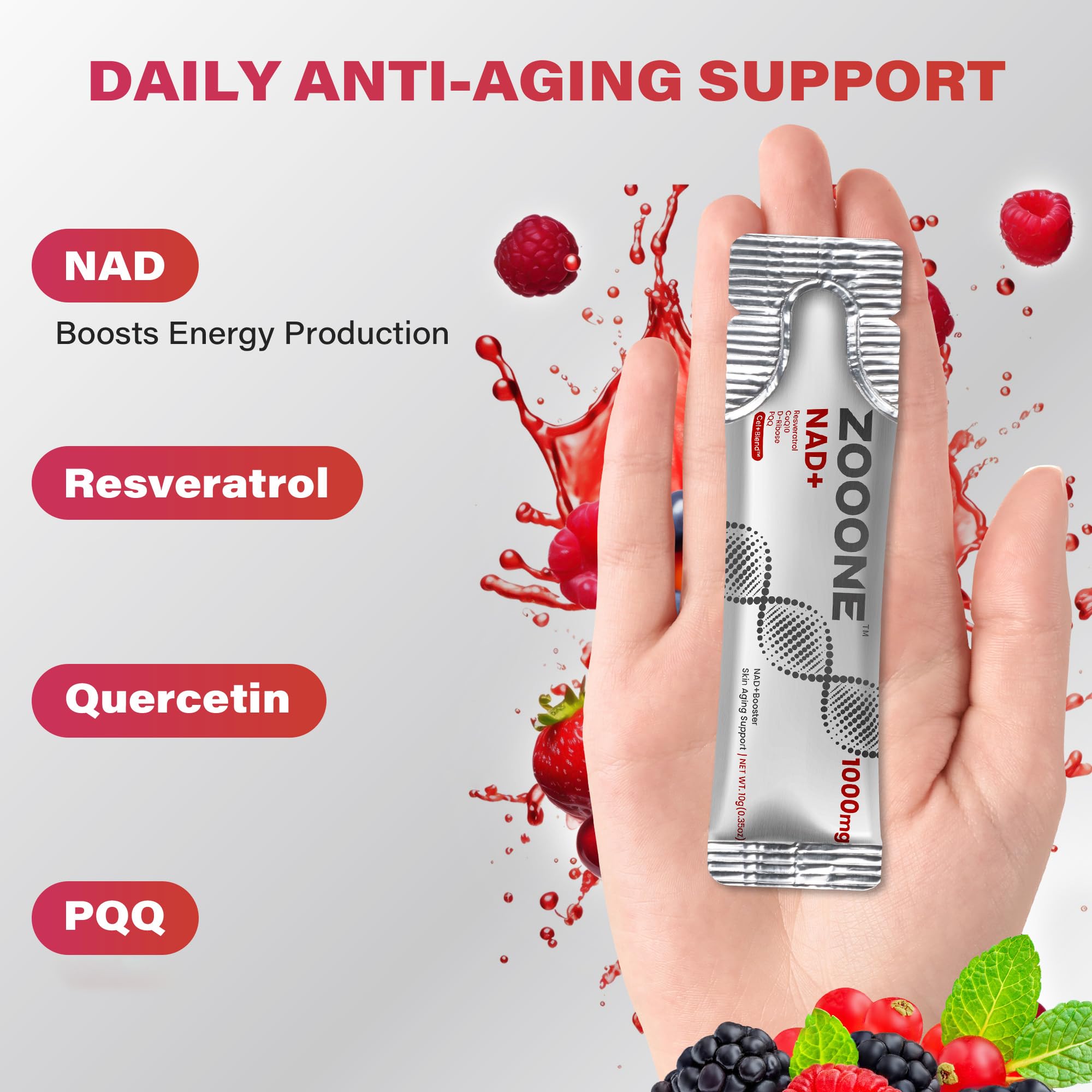 Zooone NAD+ 1000mg on-the-go liquid packets fit in a busy schedule