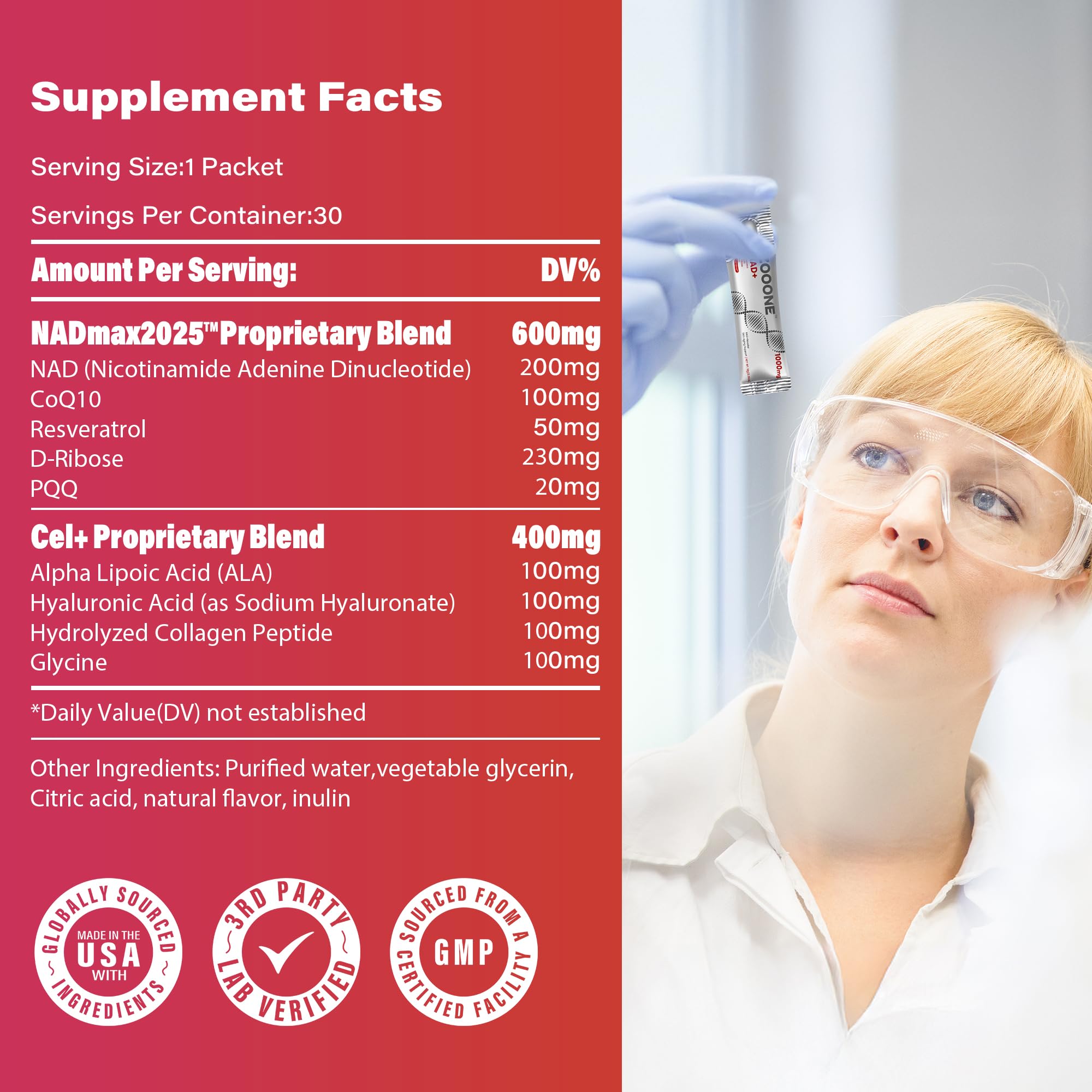 Zooone NAD+ 1000mg quadruple blend ingredients highlighted in packaging