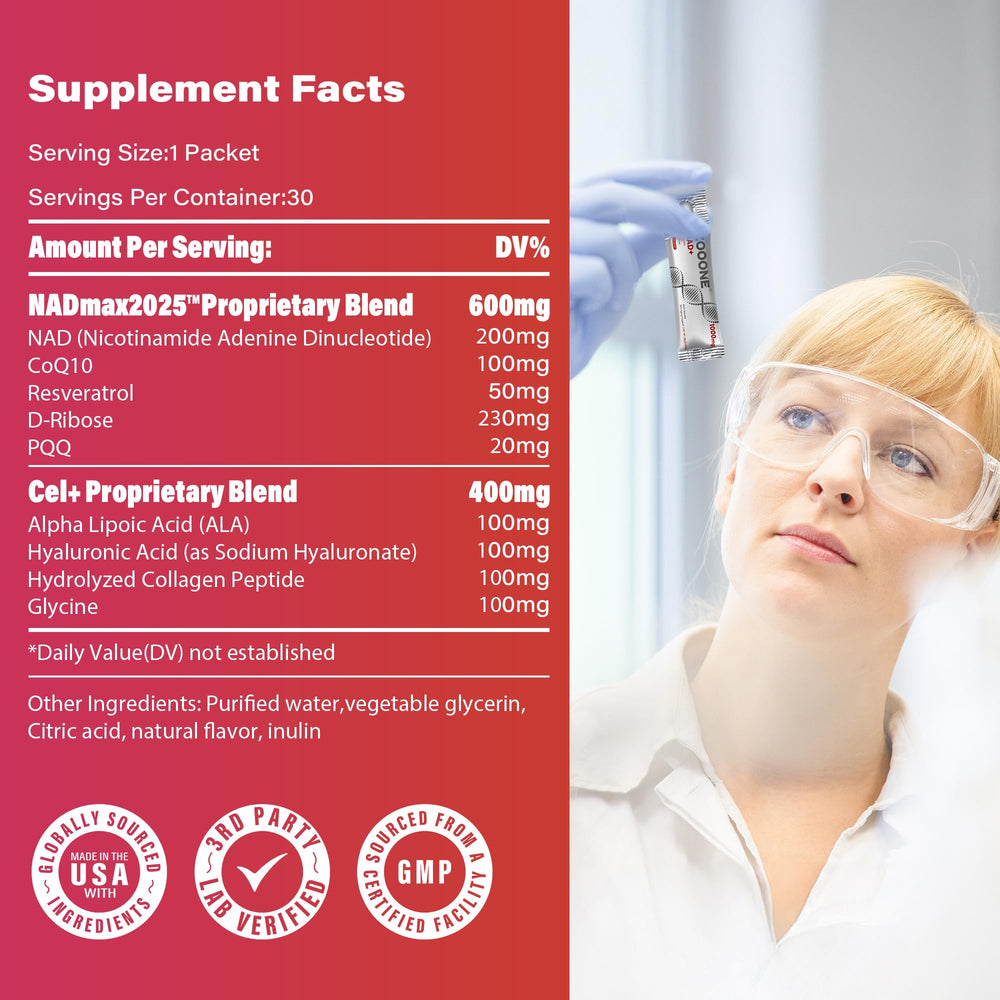 Zooone NAD+ 1000mg quadruple blend ingredients highlighted in packaging