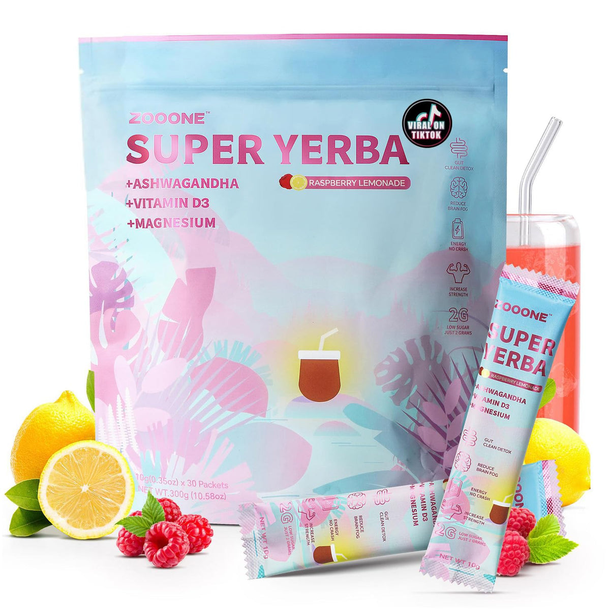 ZooOne Raspberry Lemonade Yerba Mate packets ready to mix in water for a refreshing energy boost.