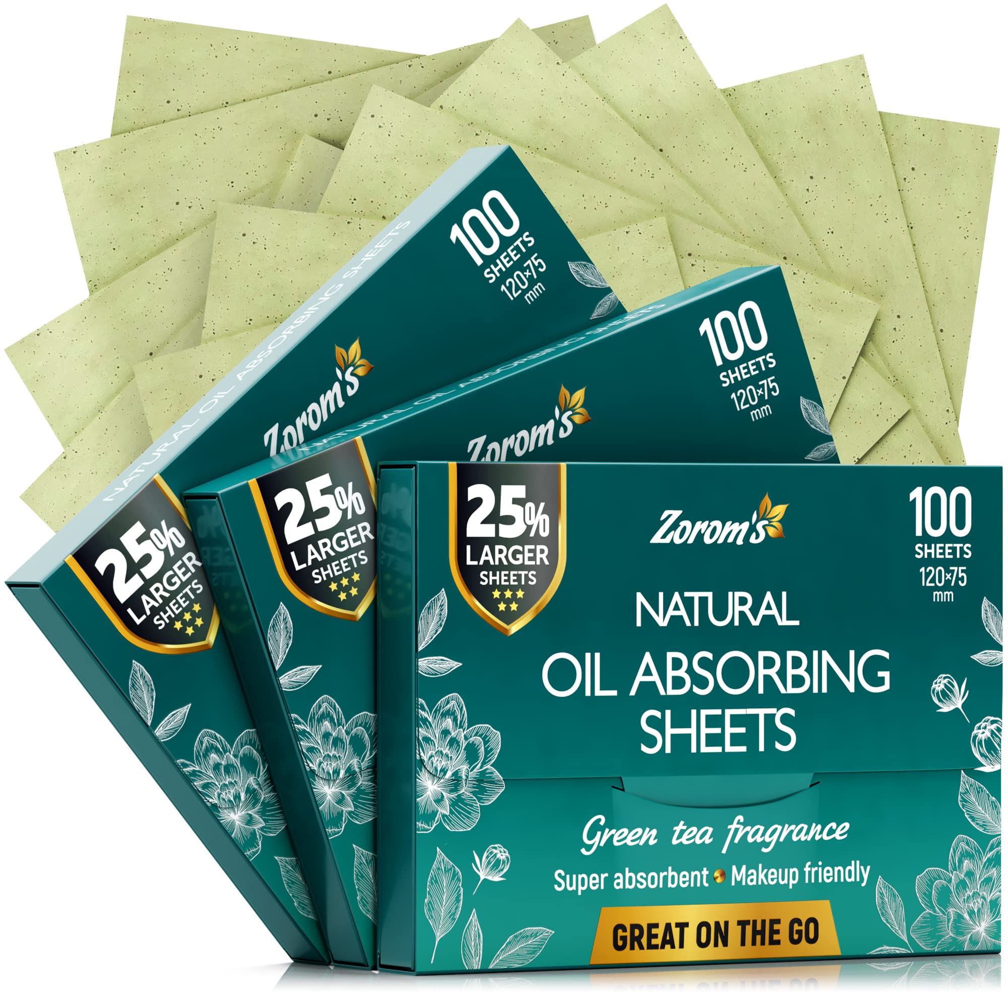 Zorom's natural green tea blotting sheets in a compact dispenser for quick refresh without makeup disruption