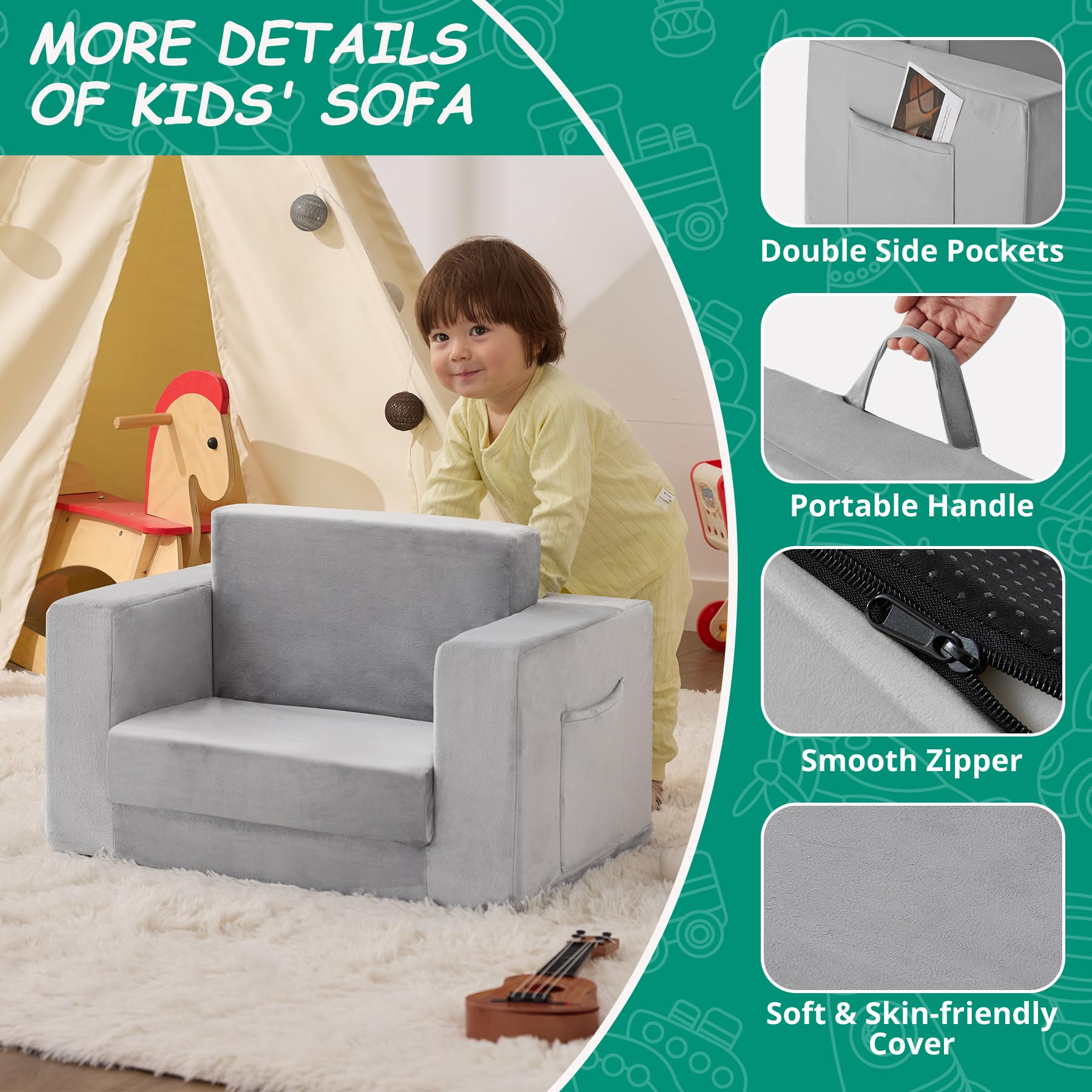 Zorvoxz Kids Couch removable components ensure safe use with no sharp edges.