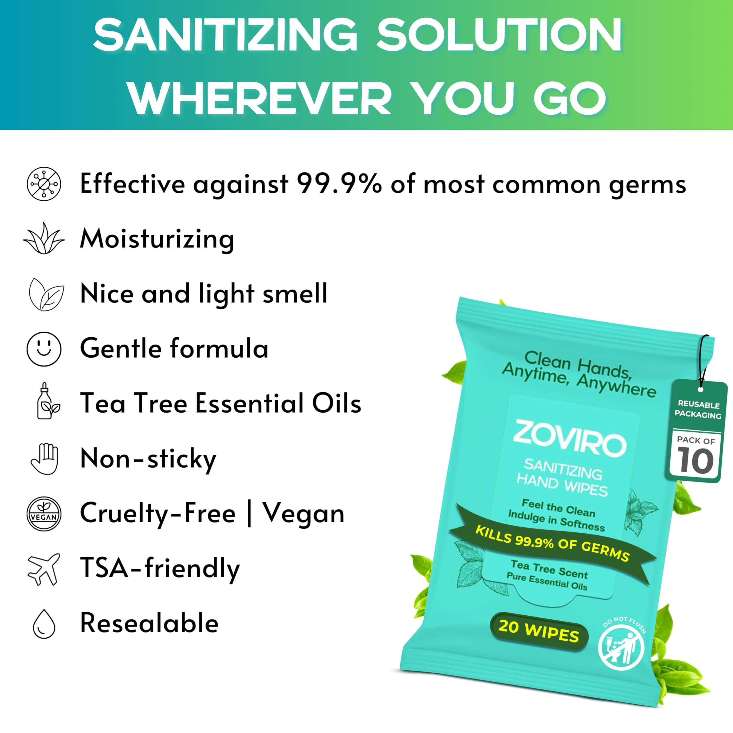 Close-up of Zoviro wipes in use on hands for quick refresh.