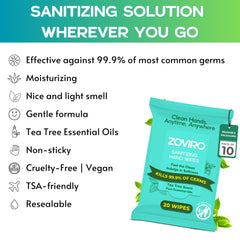 Close-up of Zoviro wipes in use on hands for quick refresh.