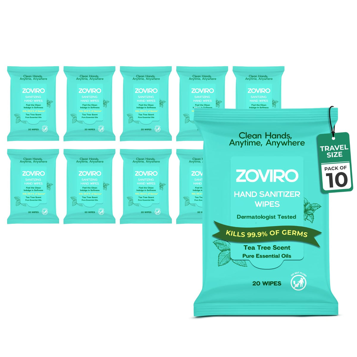 Zoviro hand sanitizer wipes packaging for travel-friendly cleanliness.