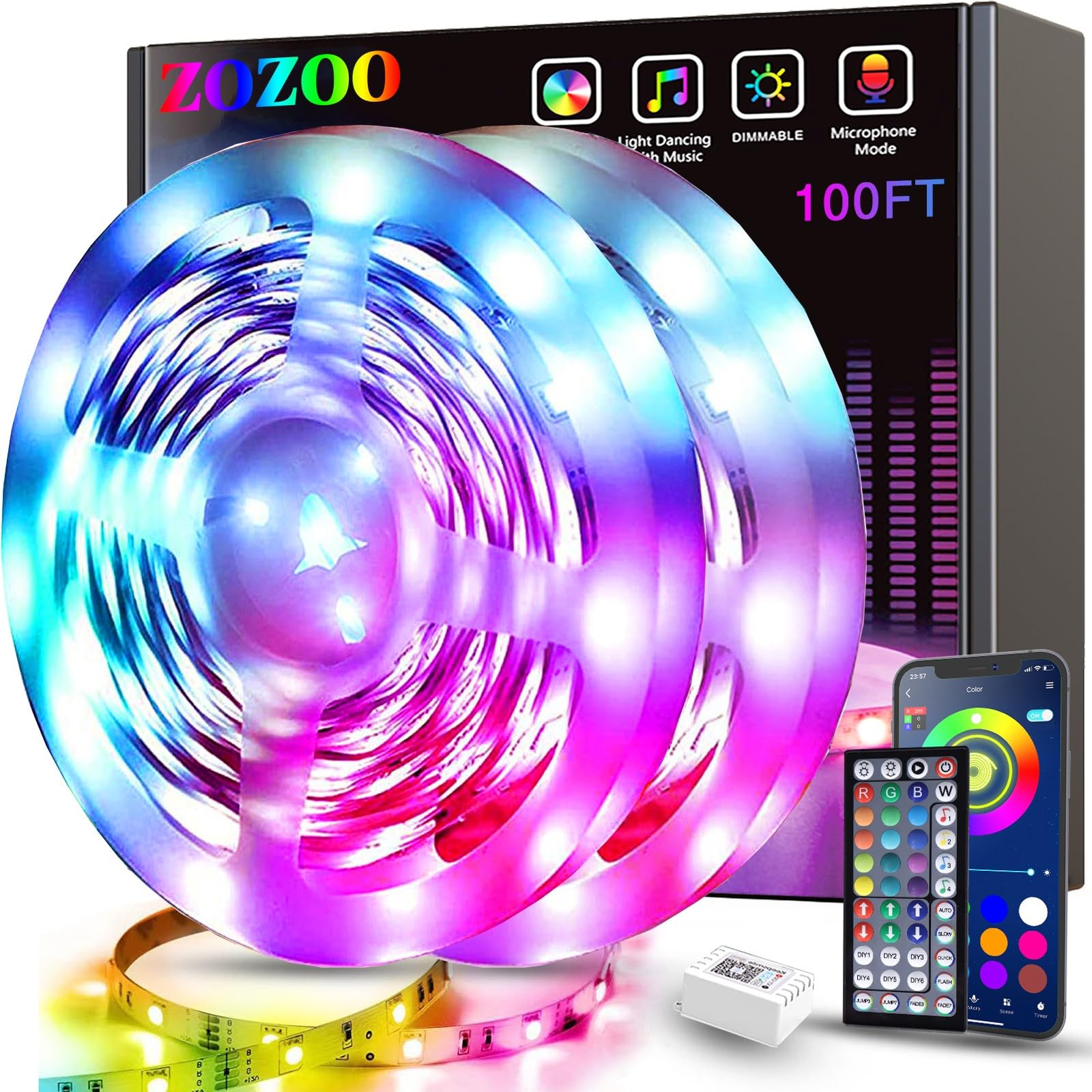 ZOZOO 100ft LED lights for bedroom with remote and app for easy mood setup