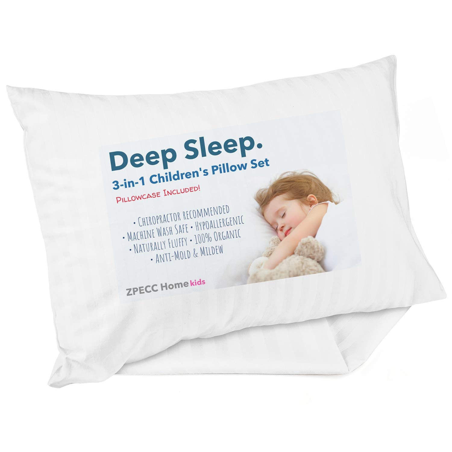 ZPECC toddler pillow 13x18 front view with white stripe, travel naps.