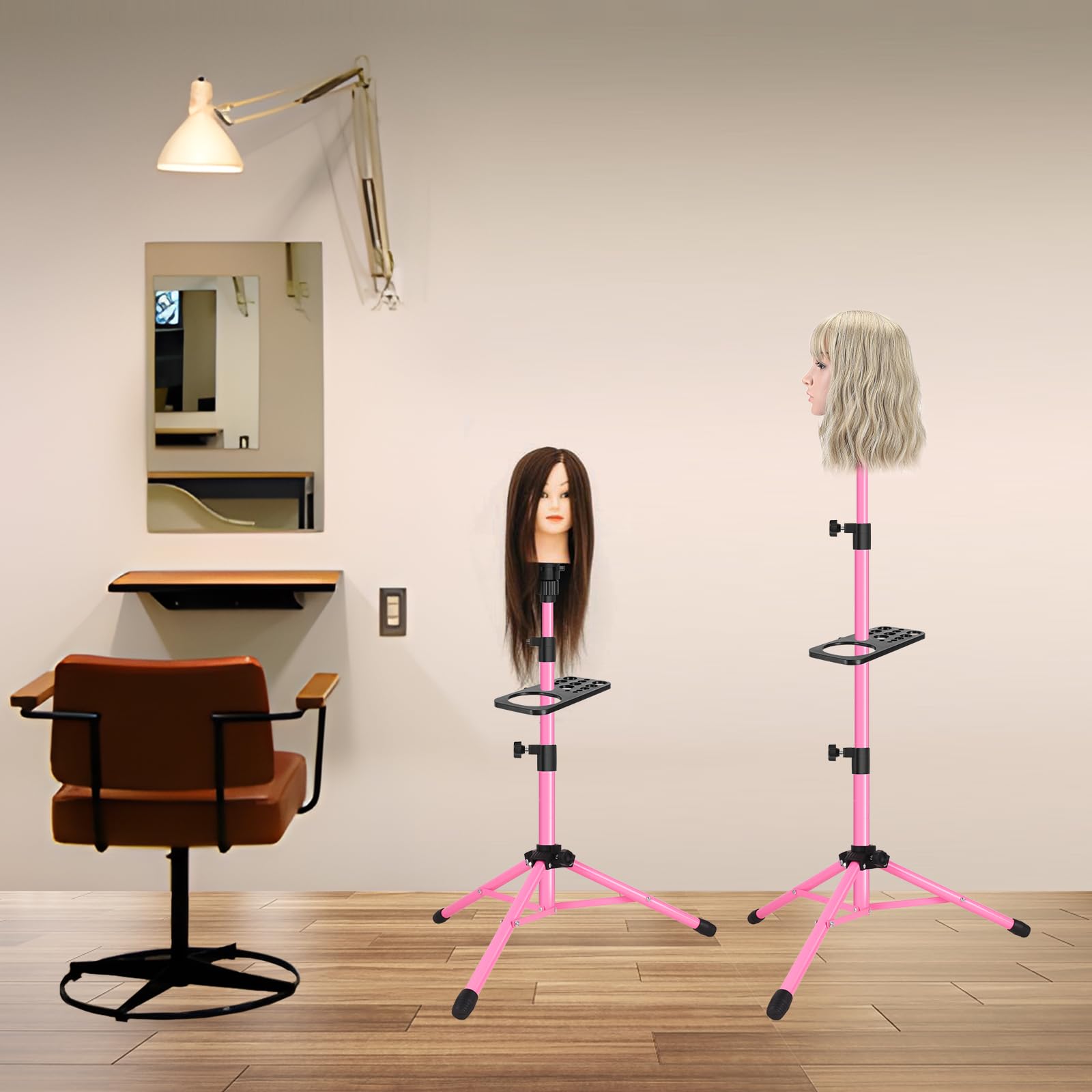 Pink color detail of ZQIAN BEAUTY wig stand adds workstation flair