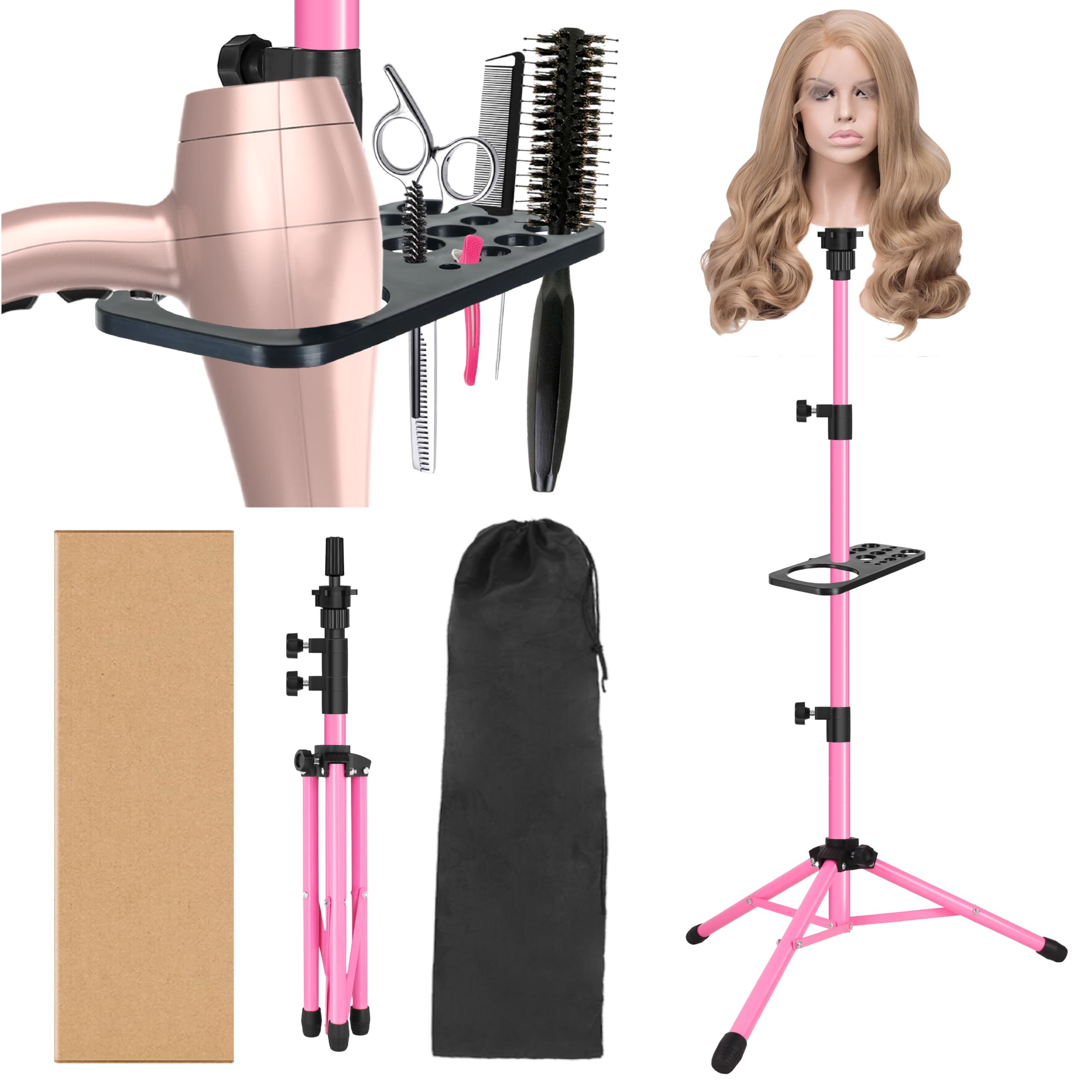 ZQIAN BEAUTY wig stand tripod with 50-inch pink base for stable practice