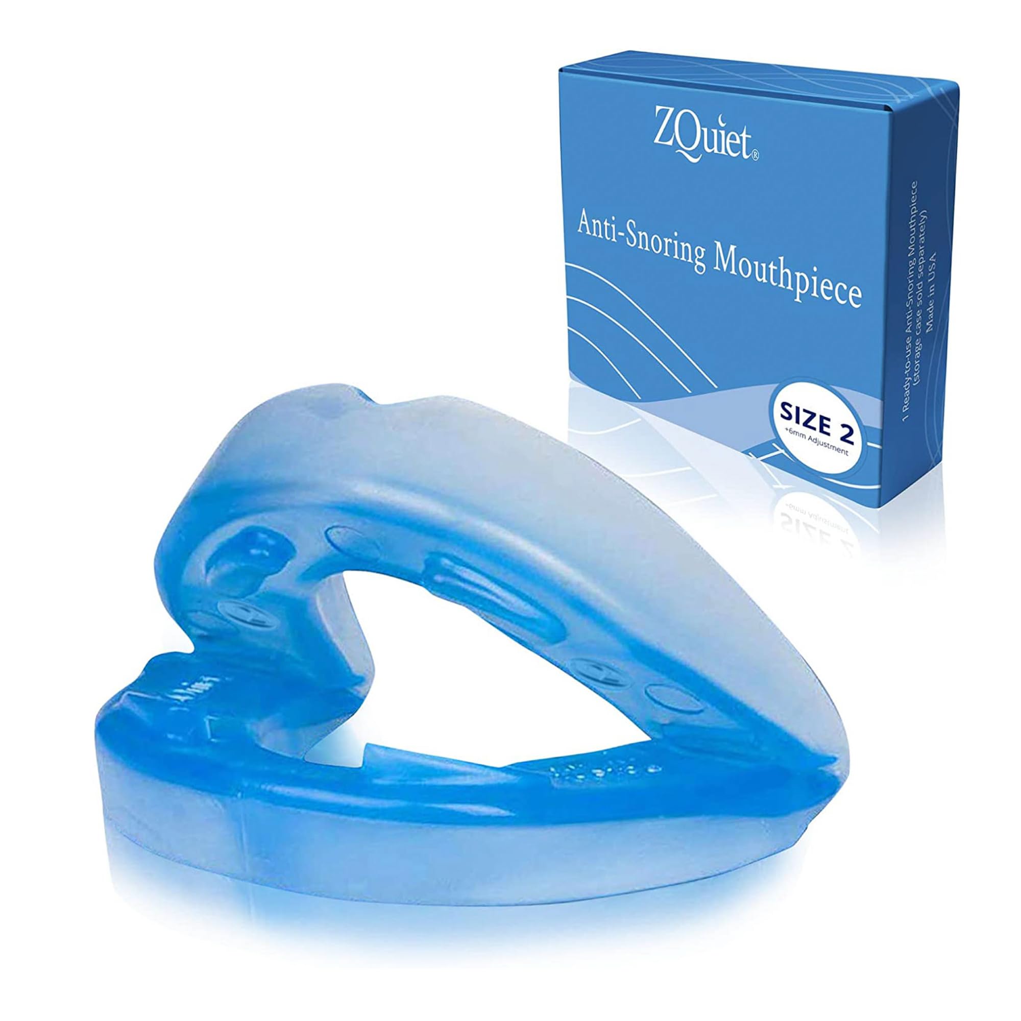 ZQuiet packaging shows the anti-snoring mouthpiece ready to try