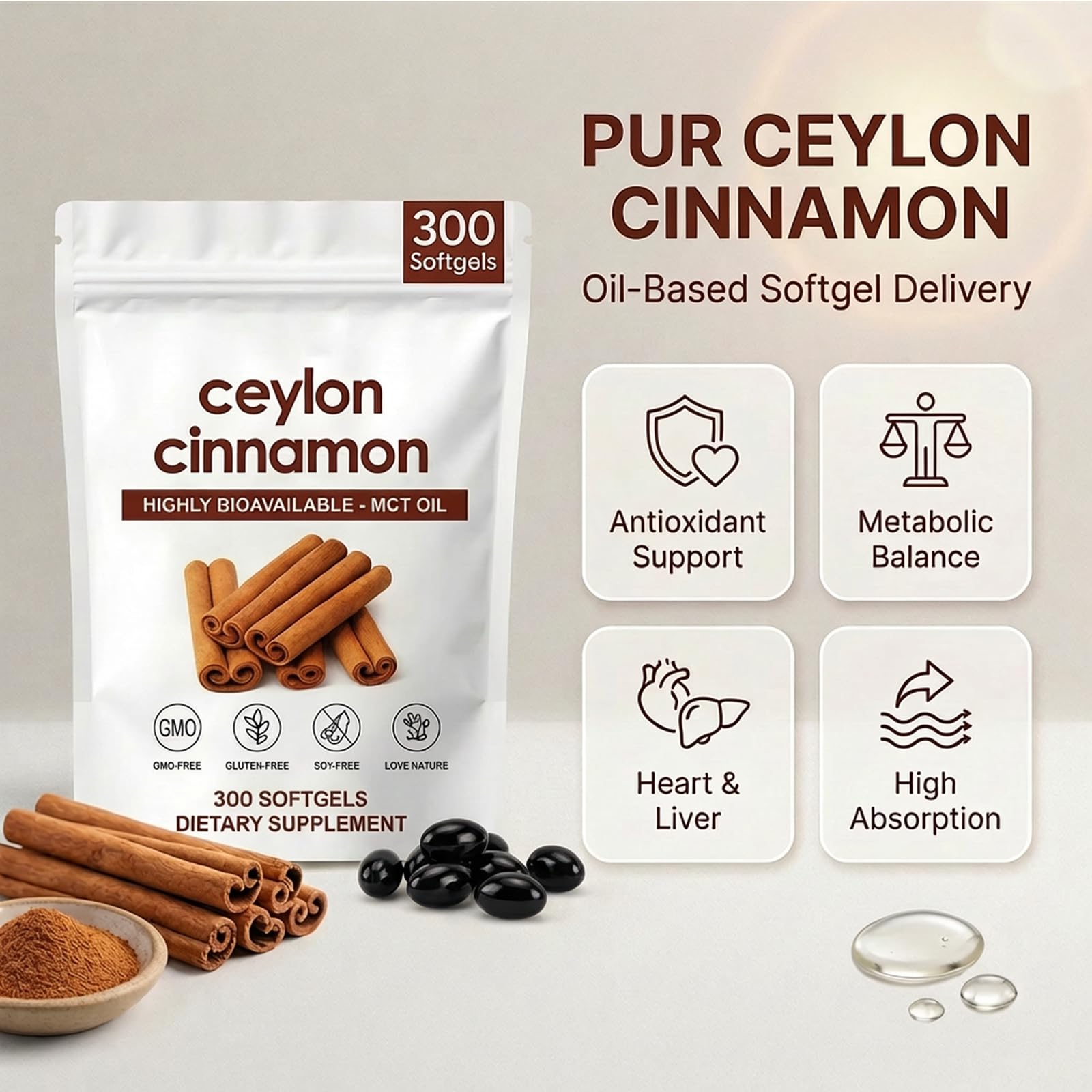 ZRRTXV Ceylon Cinnamon Softgels closeup showing smooth softgel texture.