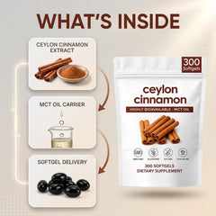 ZRRTXV Cinnamon Softgels with MCT oil ingredient panel emphasizing coconut-derived support.