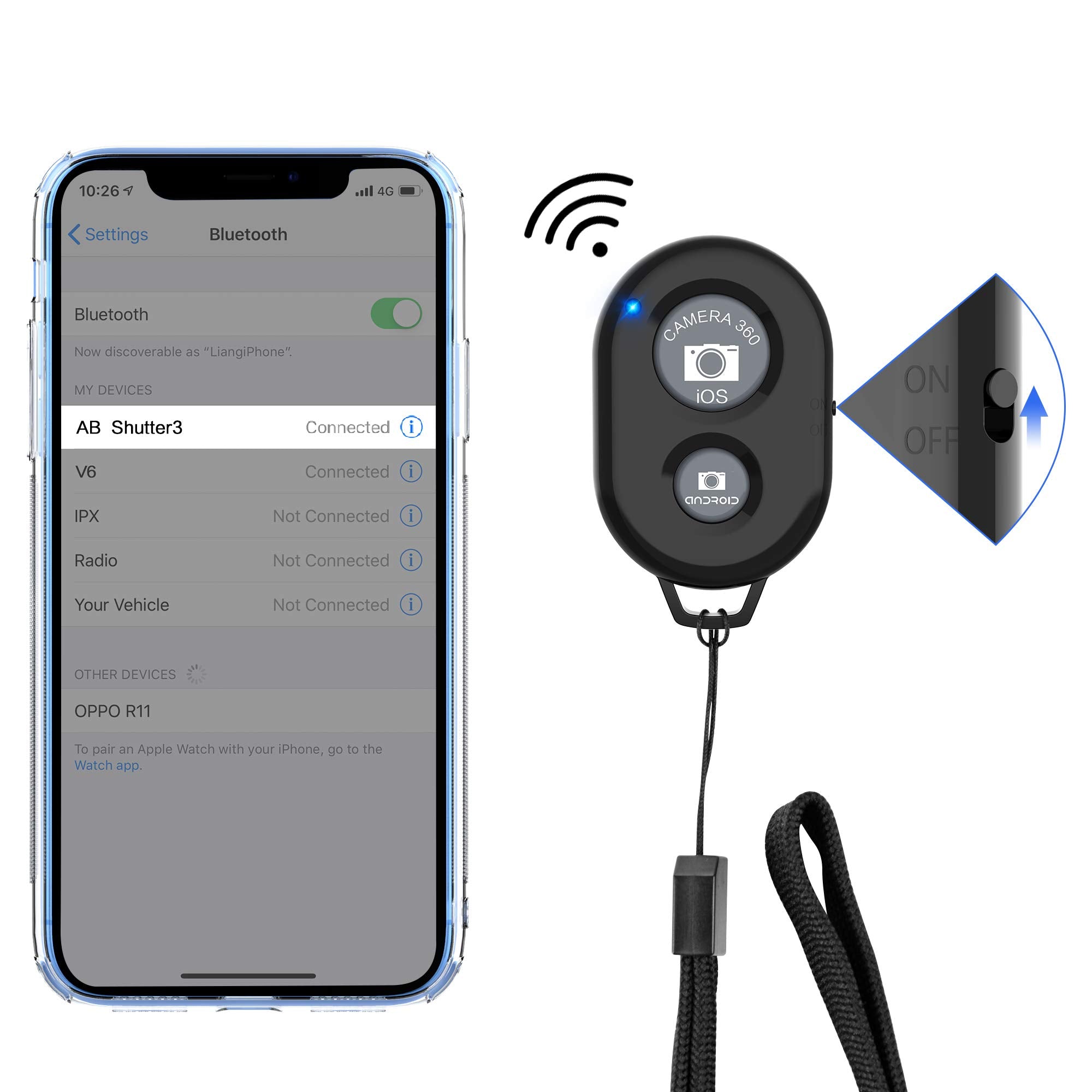 Zttopo compact remote with wrist strap for easy travel selfies.