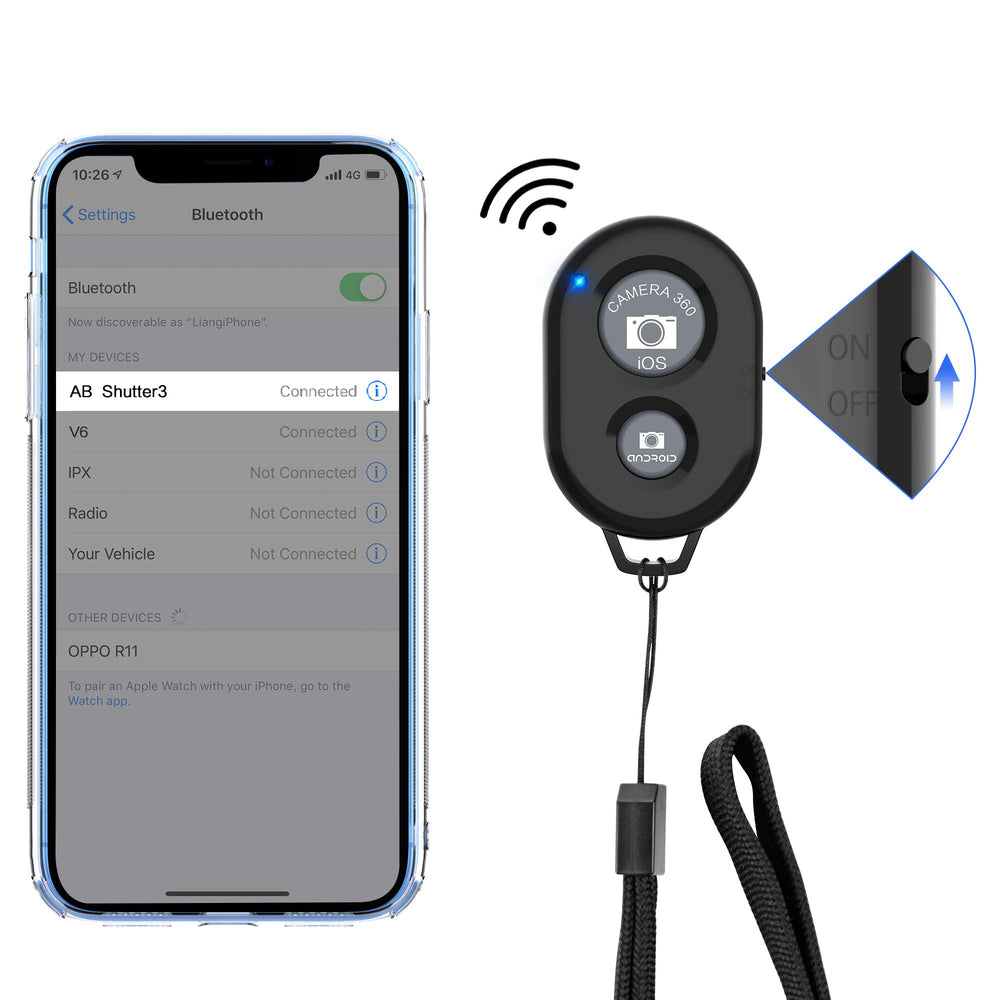 Zttopo compact remote with wrist strap for easy travel selfies.