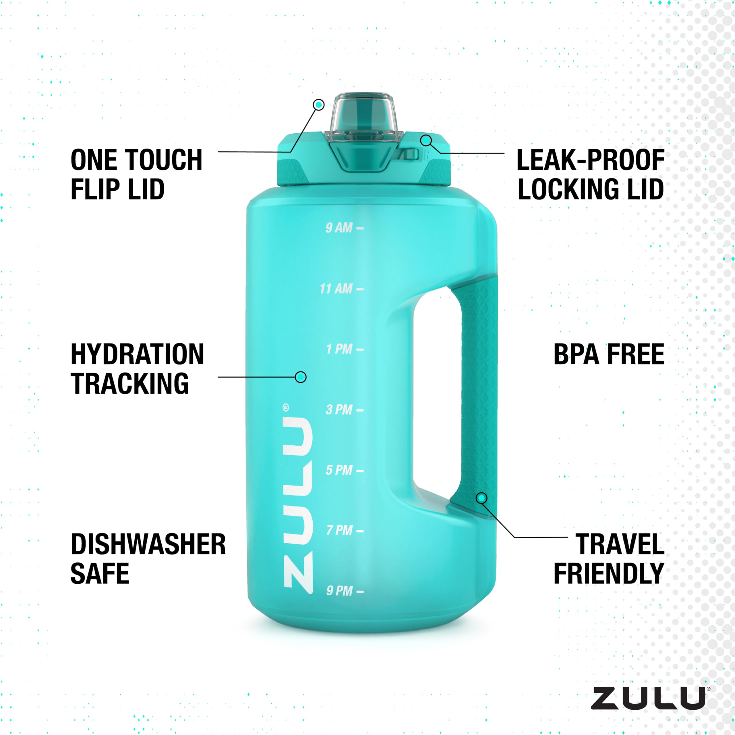 Zulu Goals half-gallon bottle with one-touch lid for clean, spill-free drinking.