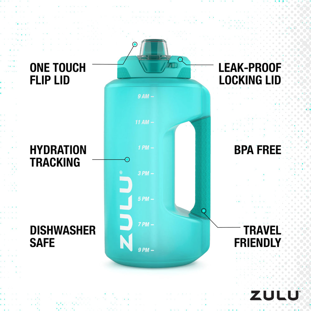 Zulu Goals half-gallon bottle with one-touch lid for clean, spill-free drinking.