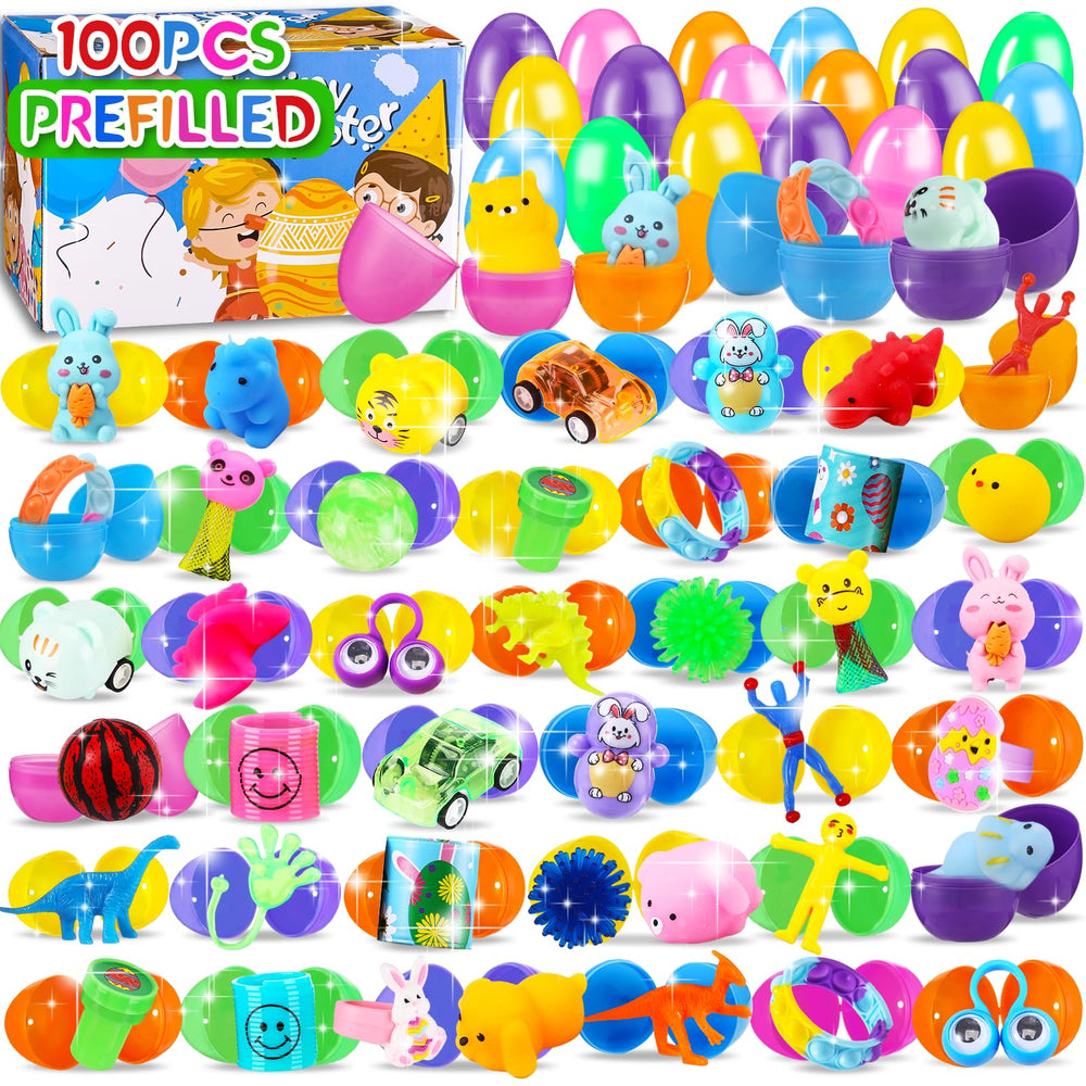 Zunaco prefilled Easter eggs showing diverse toy assortment for hunts
