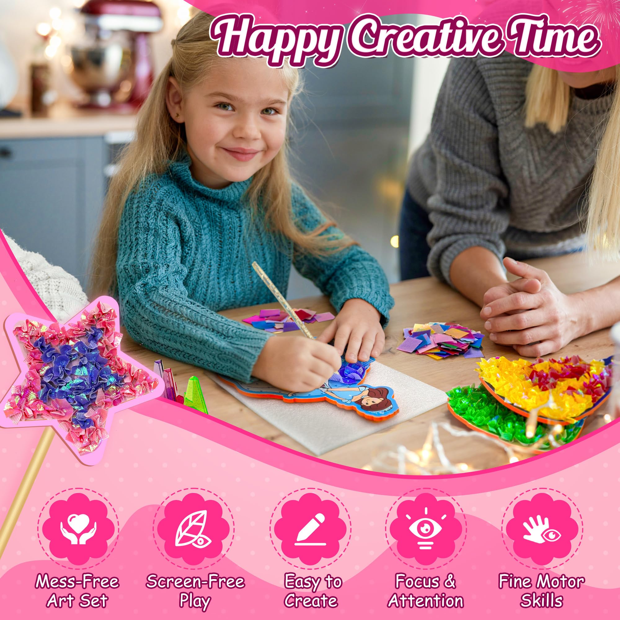 ZUNIRA stands showcase finished princess crafts with pride.