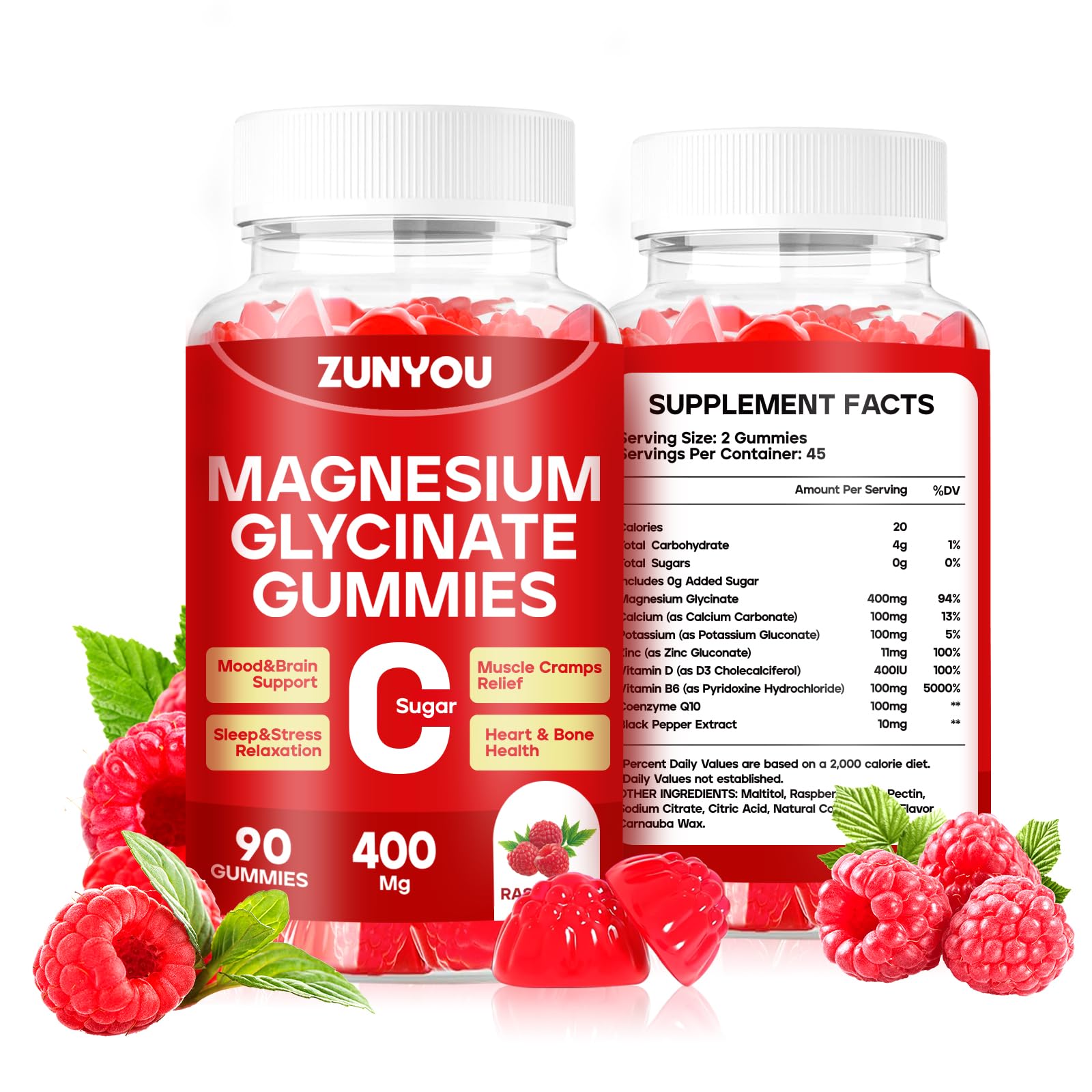 ZUNYOU magnesium glycinate gummies bottle side shows 90-count supply for daily support.