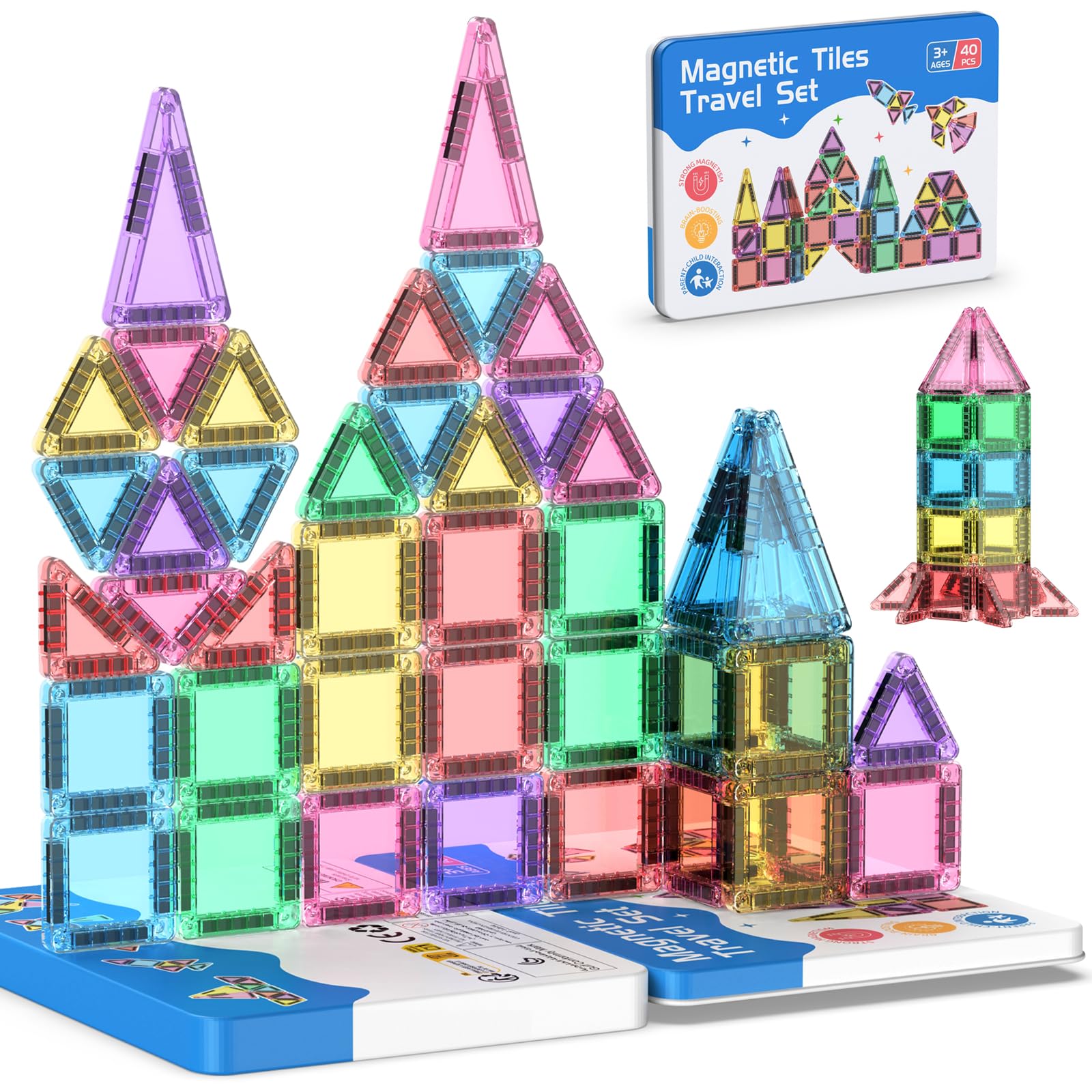 Zupooko 40PCS mini magnetic tiles in a metal travel case for on-the-go play.