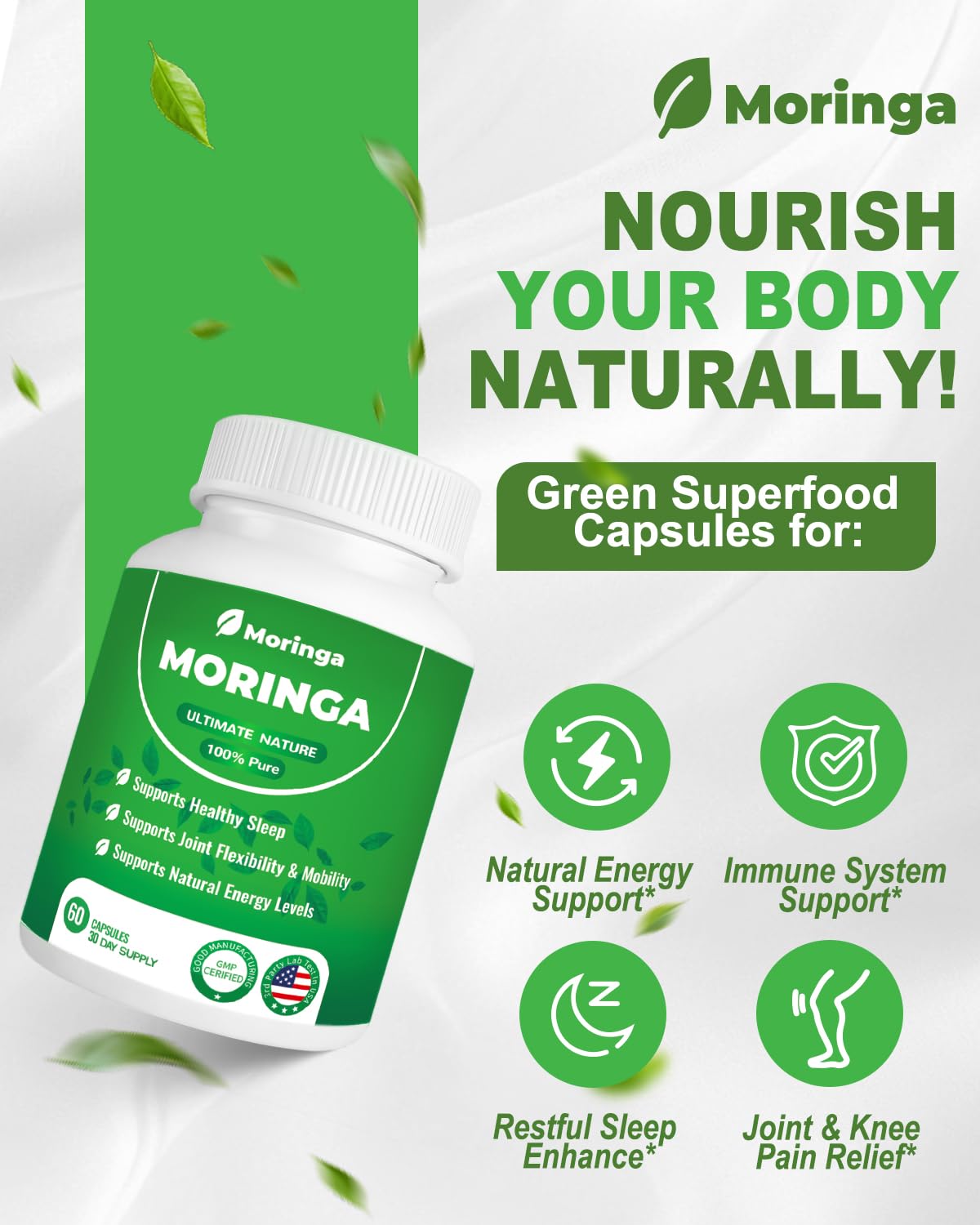 ZyliaVitaX Moringa capsules label shows plant-based nutrition details.