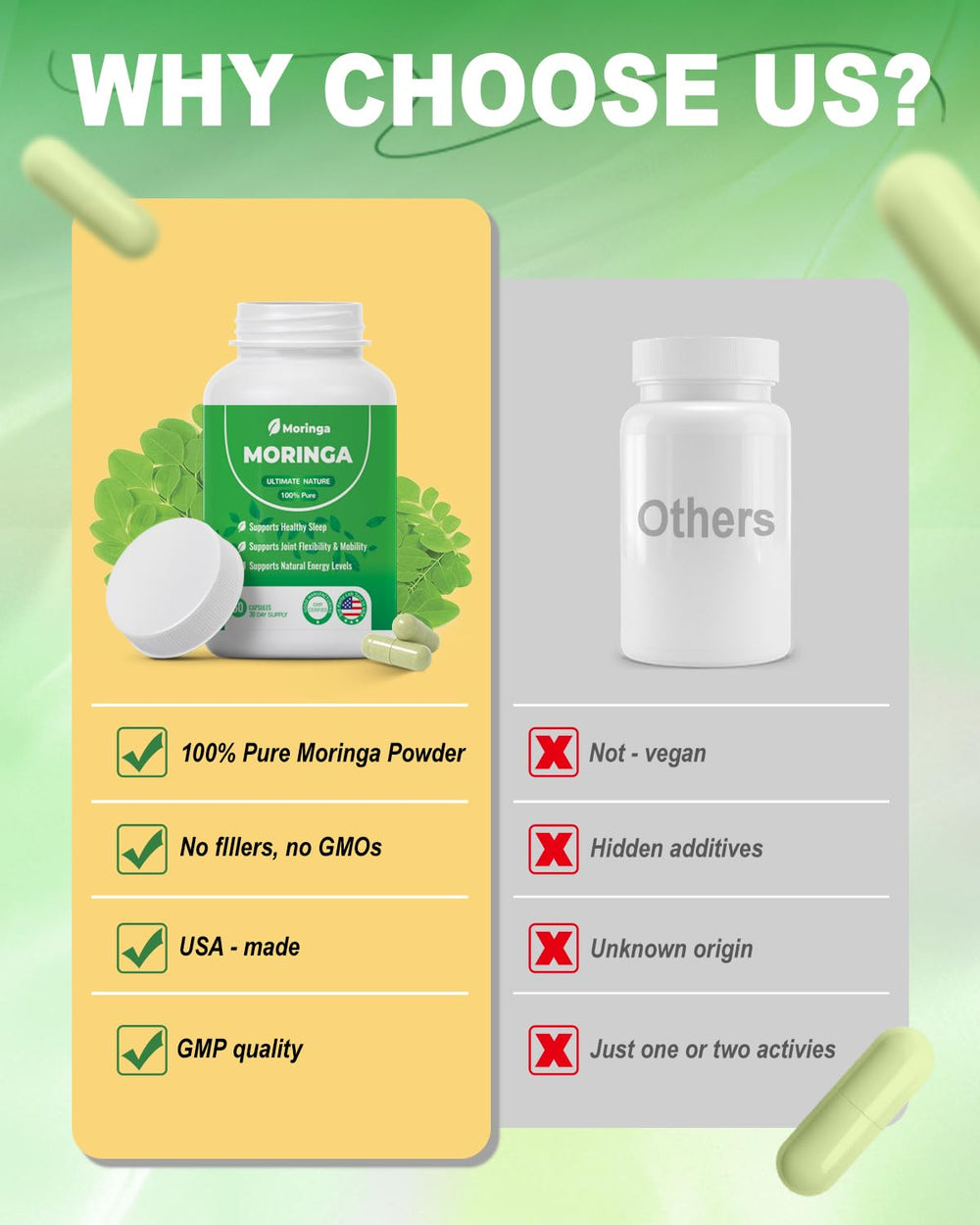 Serving spoon with two capsules, illustrates easy daily dose.